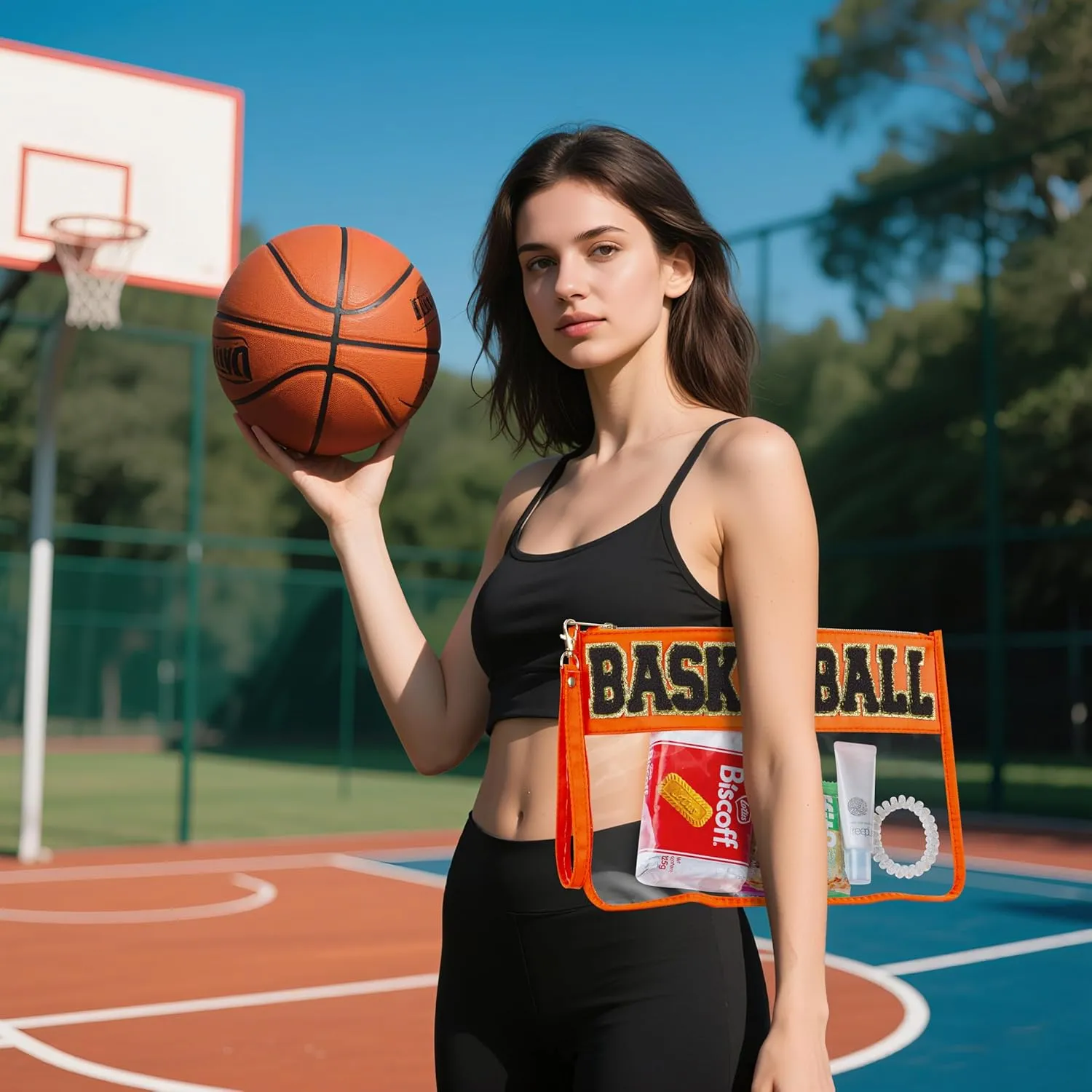 2 Pcs Basketball Gifts Makeup Bag with Chenille Letter Patch, Clear Cosmetic Pouch PVC Organizer Purse, Waterproof Travel Bag, Portable Toiletry Storage Bag for Her Girls Friends Women