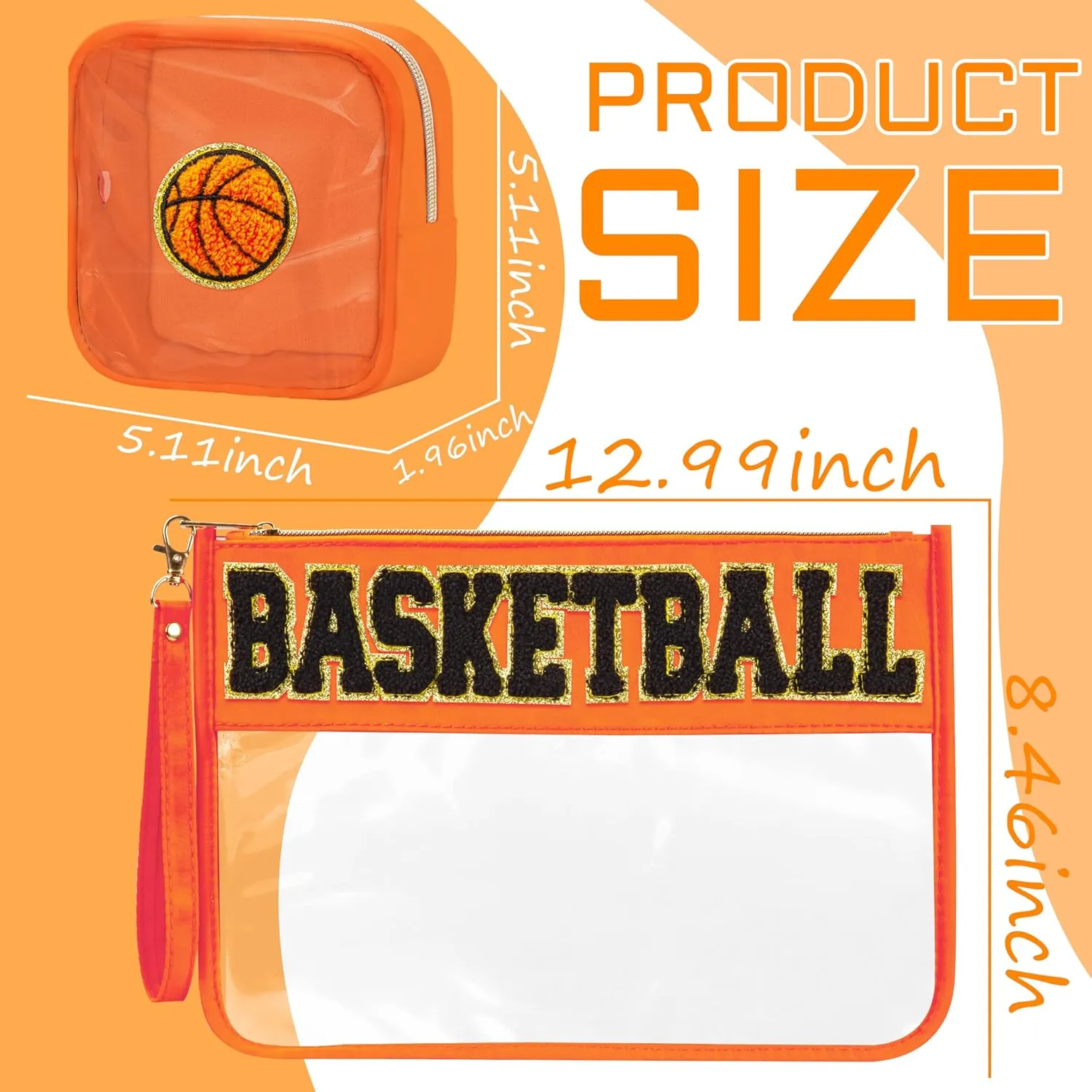 2 Pcs Basketball Gifts Makeup Bag with Chenille Letter Patch, Clear Cosmetic Pouch PVC Organizer Purse, Waterproof Travel Bag, Portable Toiletry Storage Bag for Her Girls Friends Women