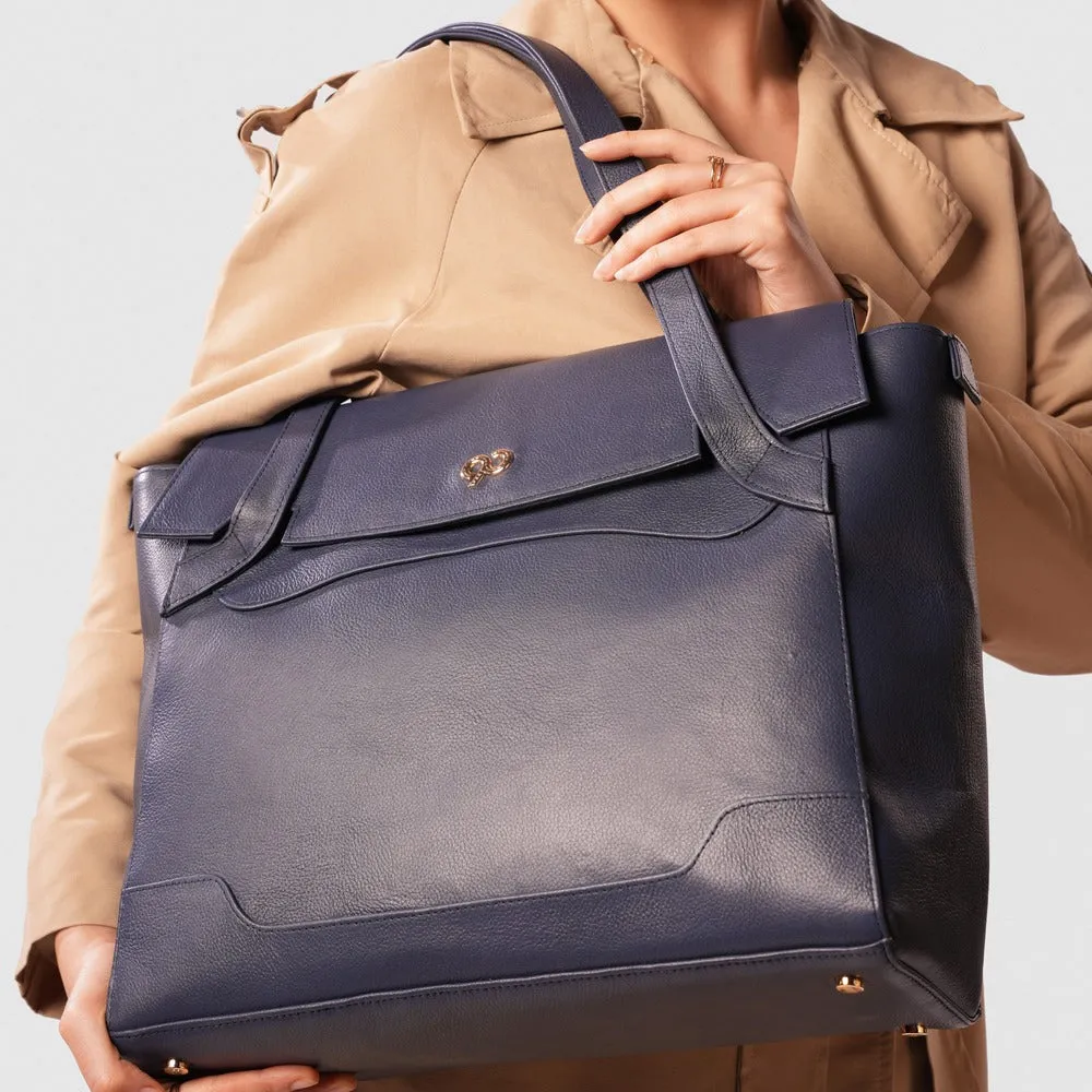 90 Feet Tara Blue Leather Work Tote Bag (Large)