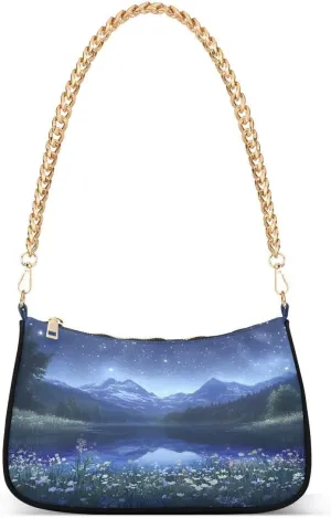 ALAZA Night View Mountain Starry Chian Shoulder Bag Handbags Tote Mini Clutch Purse Hobo Bag with Zipper Closure for Women