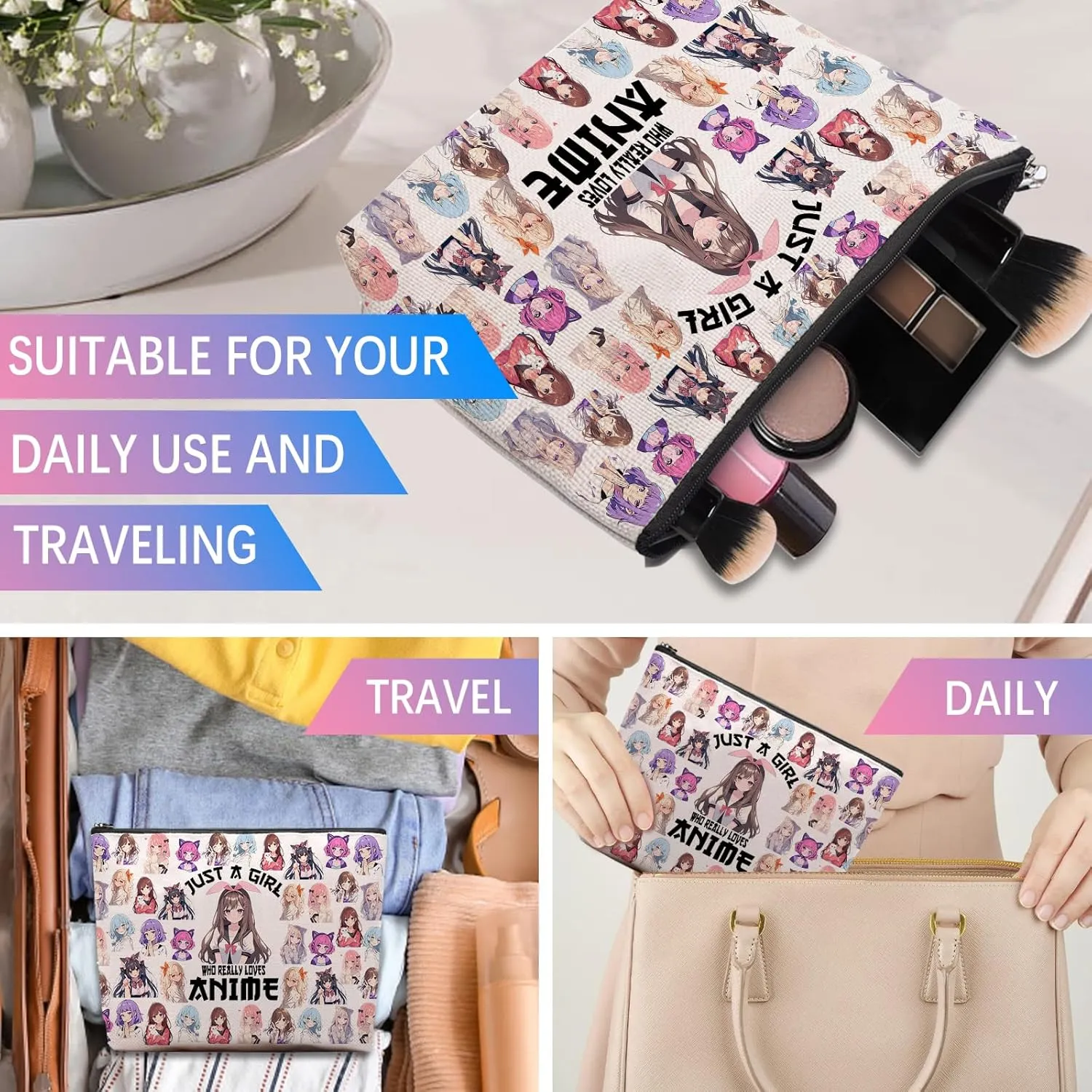 Anime Fans Makeup Bag, Anime Lover Gift, Anime Gifts for Women, Anime Merch Stuff Accessories Cosmetic Makeup Bag Pouch