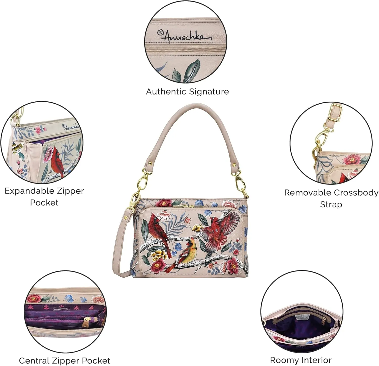 Anuschka Womens Genuine Leather Shoulder Organiser - Hand Painted Exterior