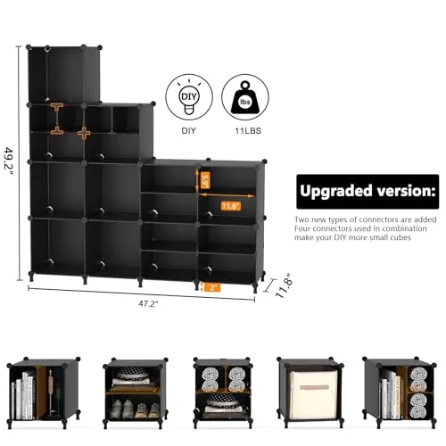 AWTATOS Cube Storage Closet Organizer Storage 12 Cube Shelves, Large and Small Cubes, DIY Portable Closet Clothes Storage Shelfs for Home, Bedroom, Black