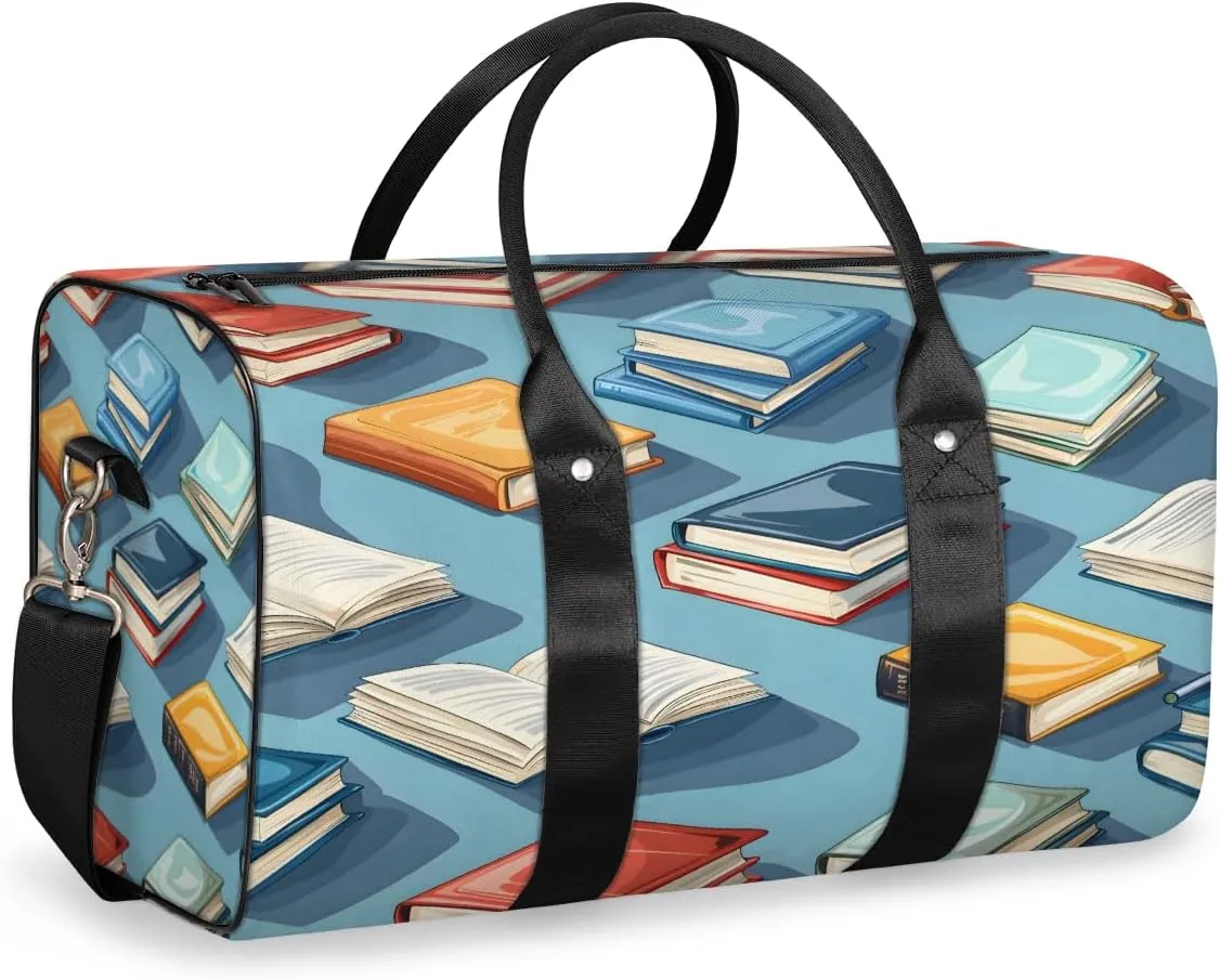 Books Pattern Travel Duffle Bag, Sports Gym Bags for Women Men, Carry On Weekender Overnight Workout Airplane Trips Bag