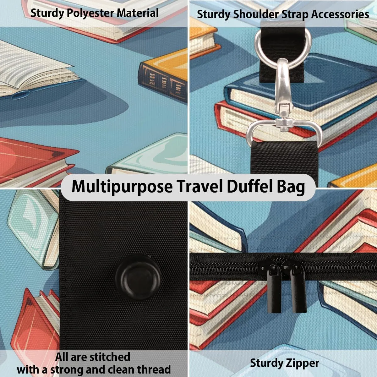 Books Pattern Travel Duffle Bag, Sports Gym Bags for Women Men, Carry On Weekender Overnight Workout Airplane Trips Bag
