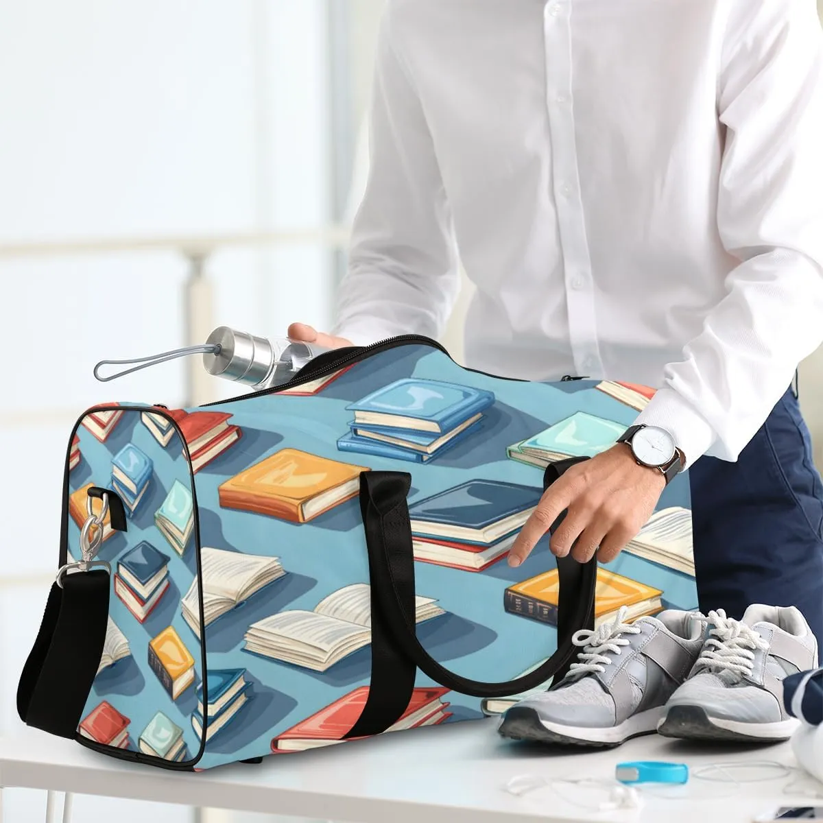 Books Pattern Travel Duffle Bag, Sports Gym Bags for Women Men, Carry On Weekender Overnight Workout Airplane Trips Bag