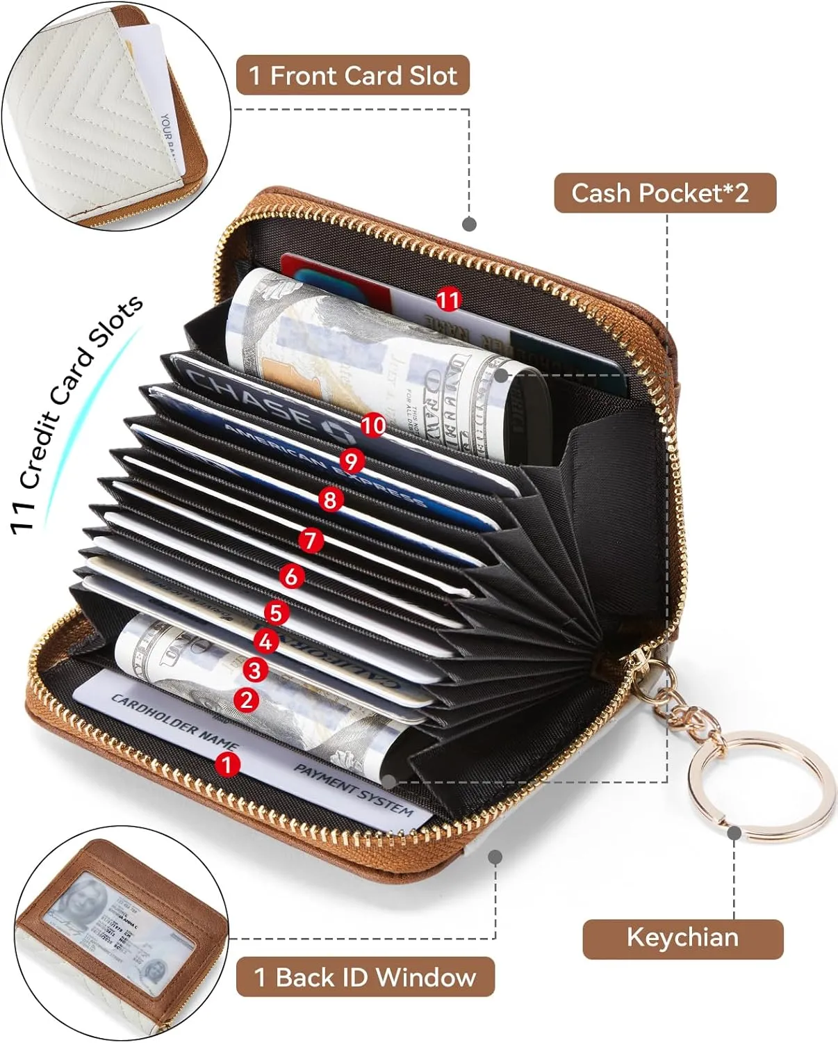 BOSTANTEN Credit Card Holder Wallet RFID Blocking Leather Small Wallet for Women Zipper Keychain Wallet with Wristlet BeigeBrown