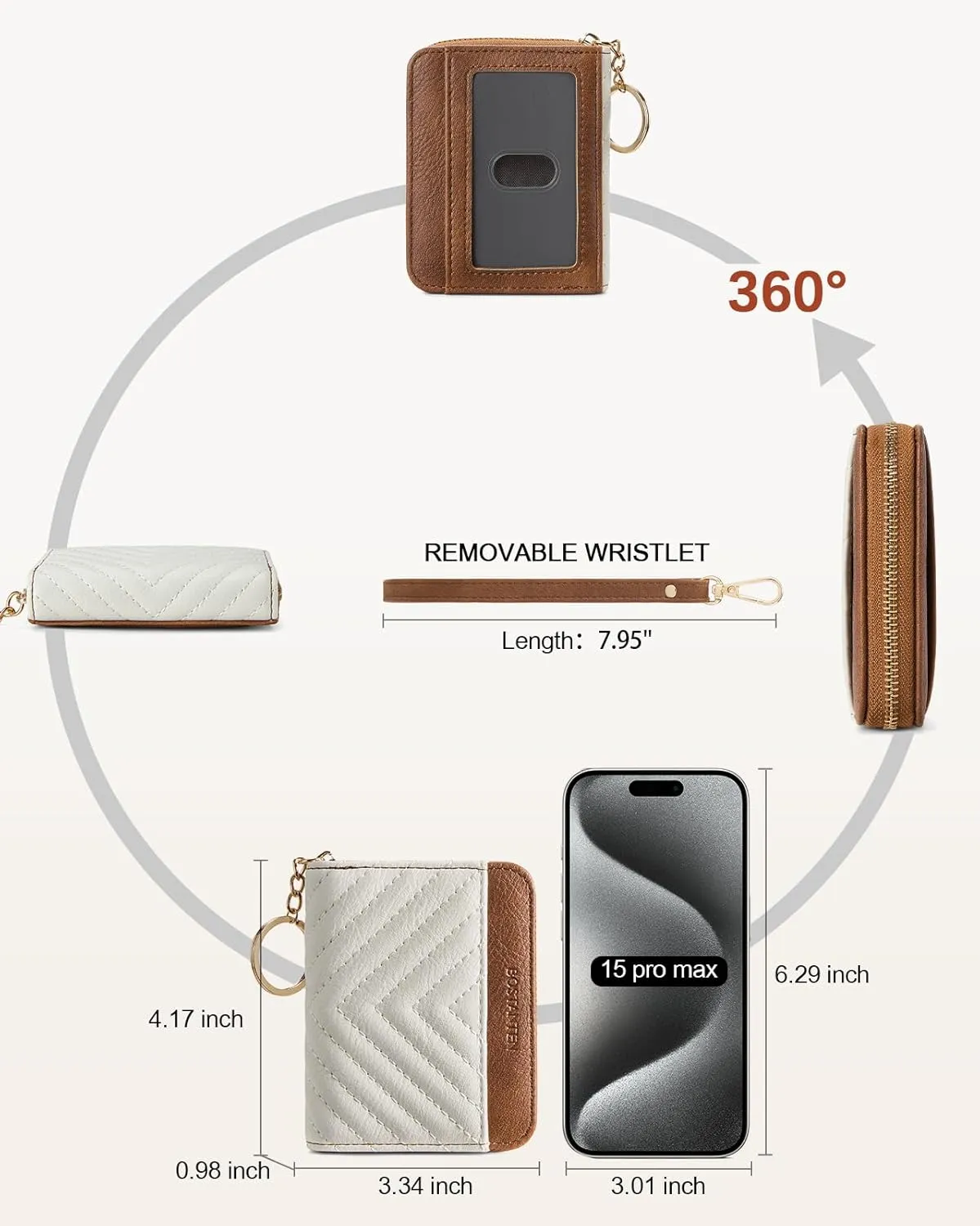 BOSTANTEN Credit Card Holder Wallet RFID Blocking Leather Small Wallet for Women Zipper Keychain Wallet with Wristlet BeigeBrown