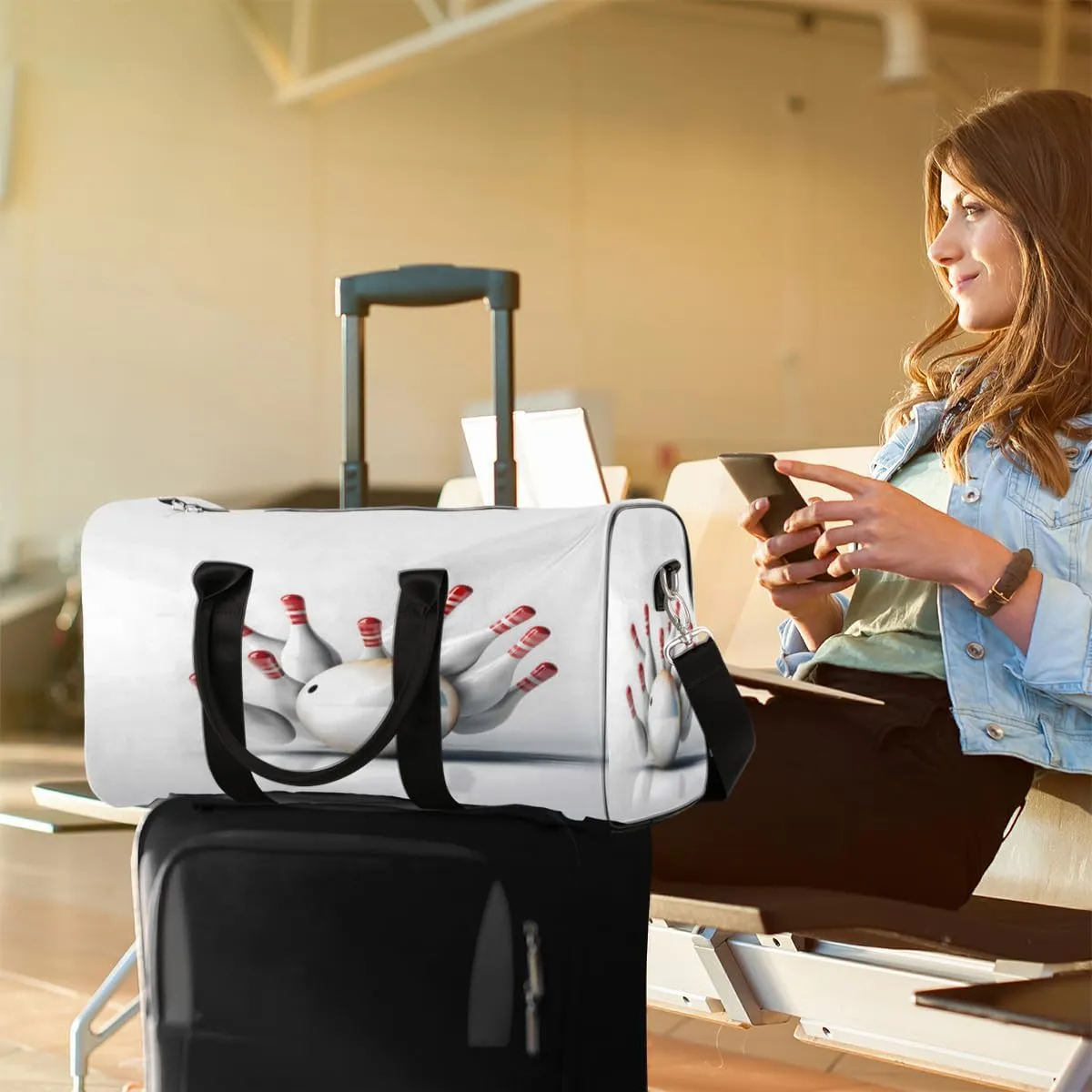 Bowling Sports Themed Travel Duffle Bag, Sports Gym Bags for Women Men, Carry On Weekender Overnight Workout Airplane Trips Bag