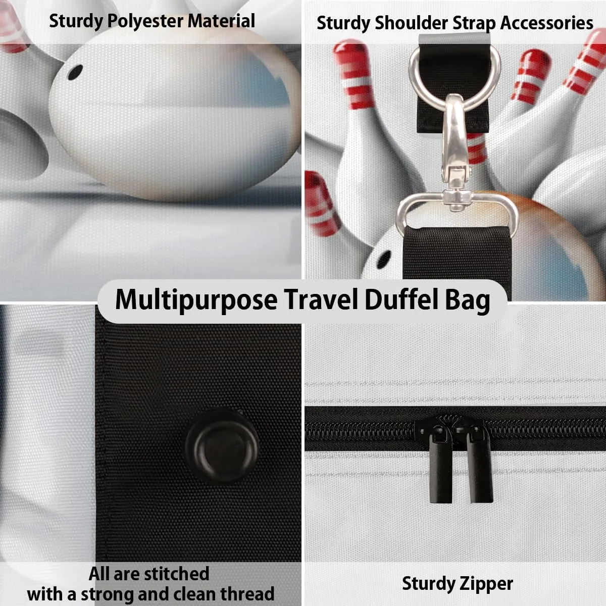 Bowling Sports Themed Travel Duffle Bag, Sports Gym Bags for Women Men, Carry On Weekender Overnight Workout Airplane Trips Bag