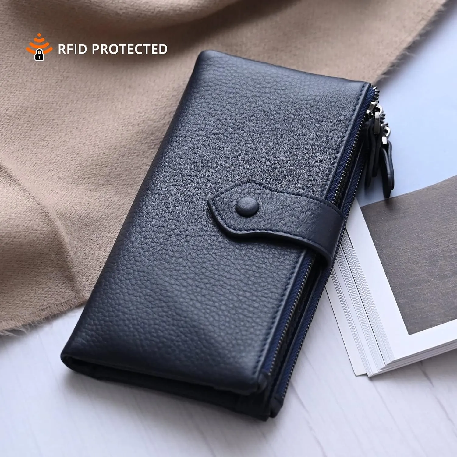 Bveyzi Women Soft Leather RFID Blocking Bifold Slim Wallets Ladies Credit Card Holder Double Zipper Pocket