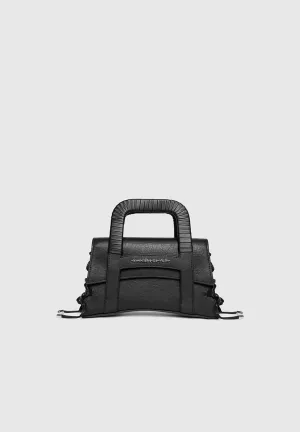 Caged Leather Lace Up Bag - Black
