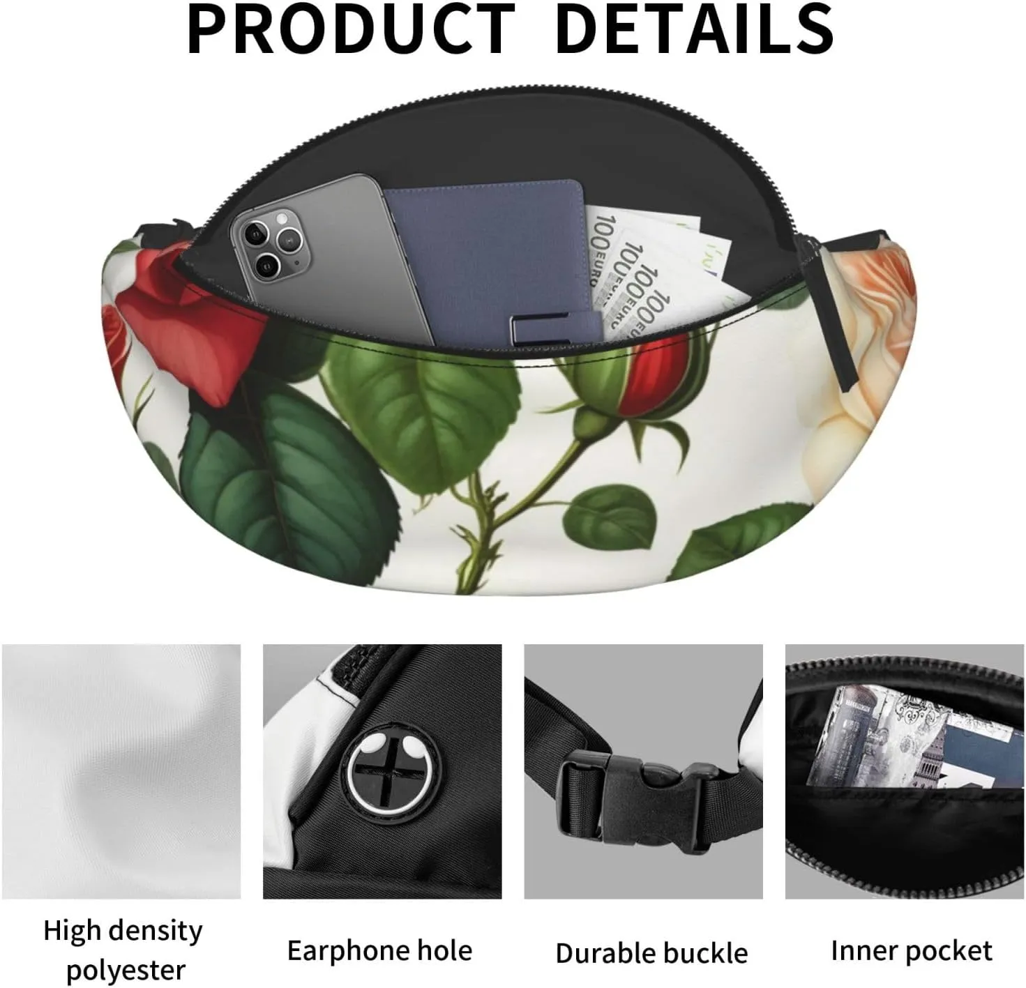 Casual Floral Rose Ivy with Leaves Spring Printed Fanny Pack,Crossbody Fanny packs for women Men Waist Bag for Running Travel