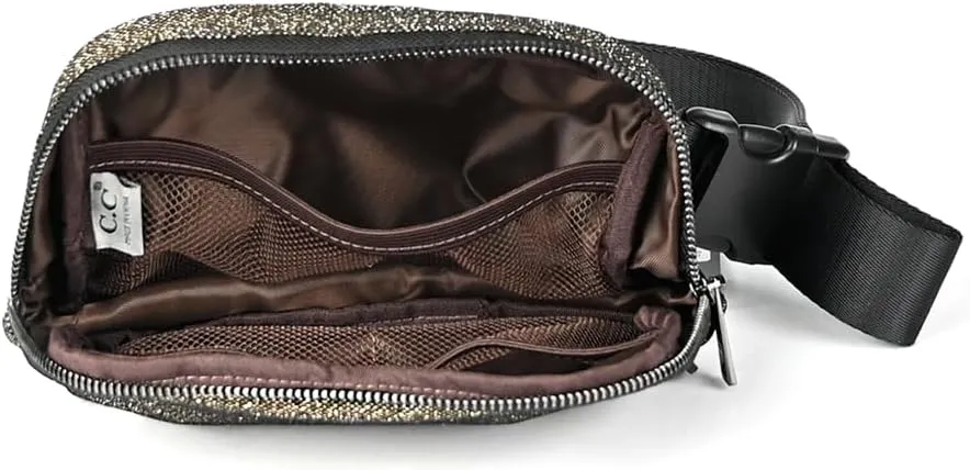 C.C Glitter Tiny Mesh Fanny Pack For Women Unisex - Shimmering Daily Waist Crossbody Belt bag With Adjustable Strap (Smokey Topaz)