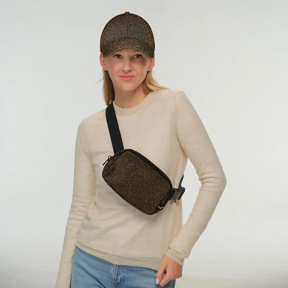 C.C Glitter Tiny Mesh Fanny Pack For Women Unisex - Shimmering Daily Waist Crossbody Belt bag With Adjustable Strap (Smokey Topaz)
