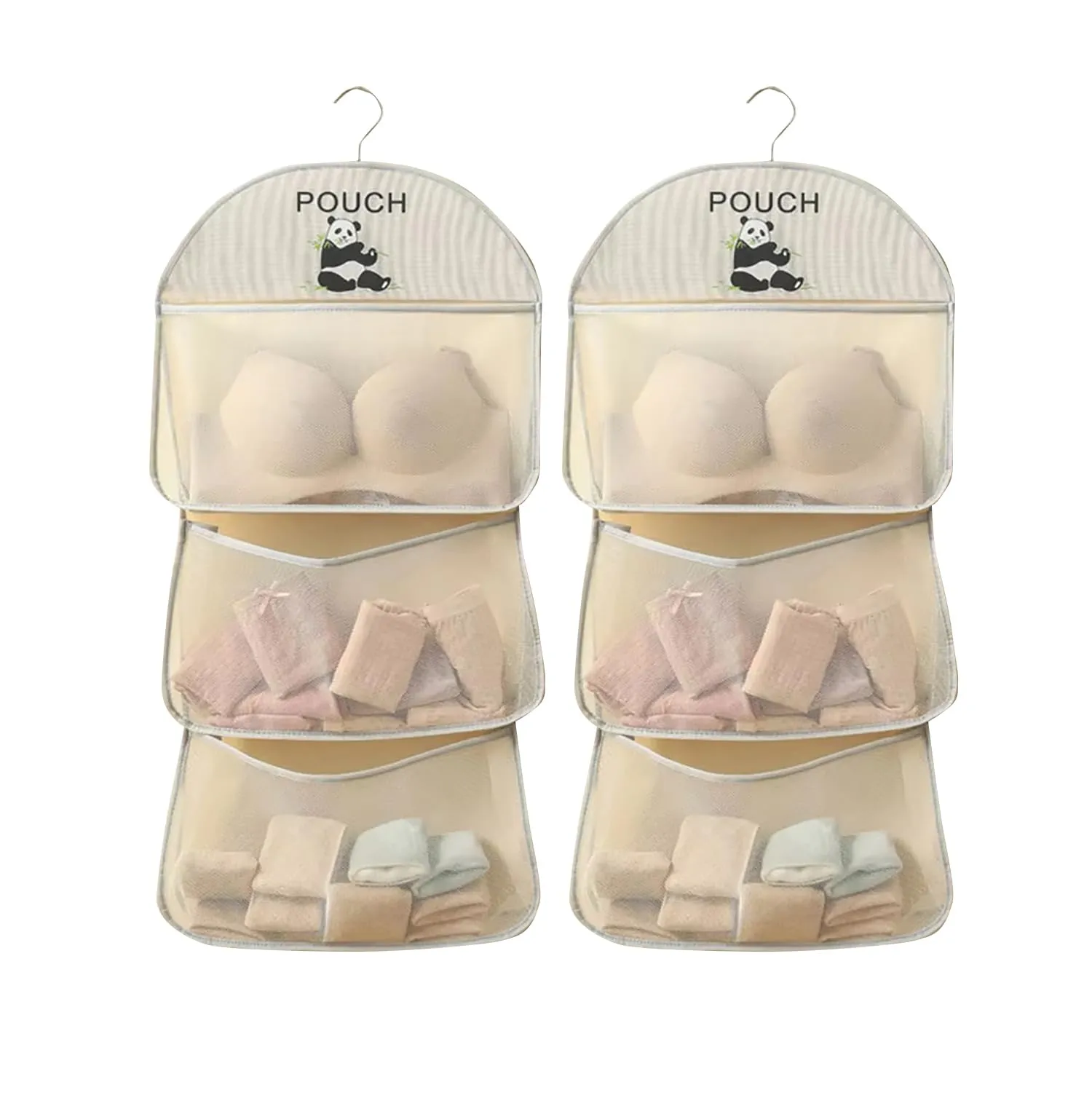 Closet Hanging Organizer with Mesh Large 3 Pockets & Rotating Metal Hanger(Beige)