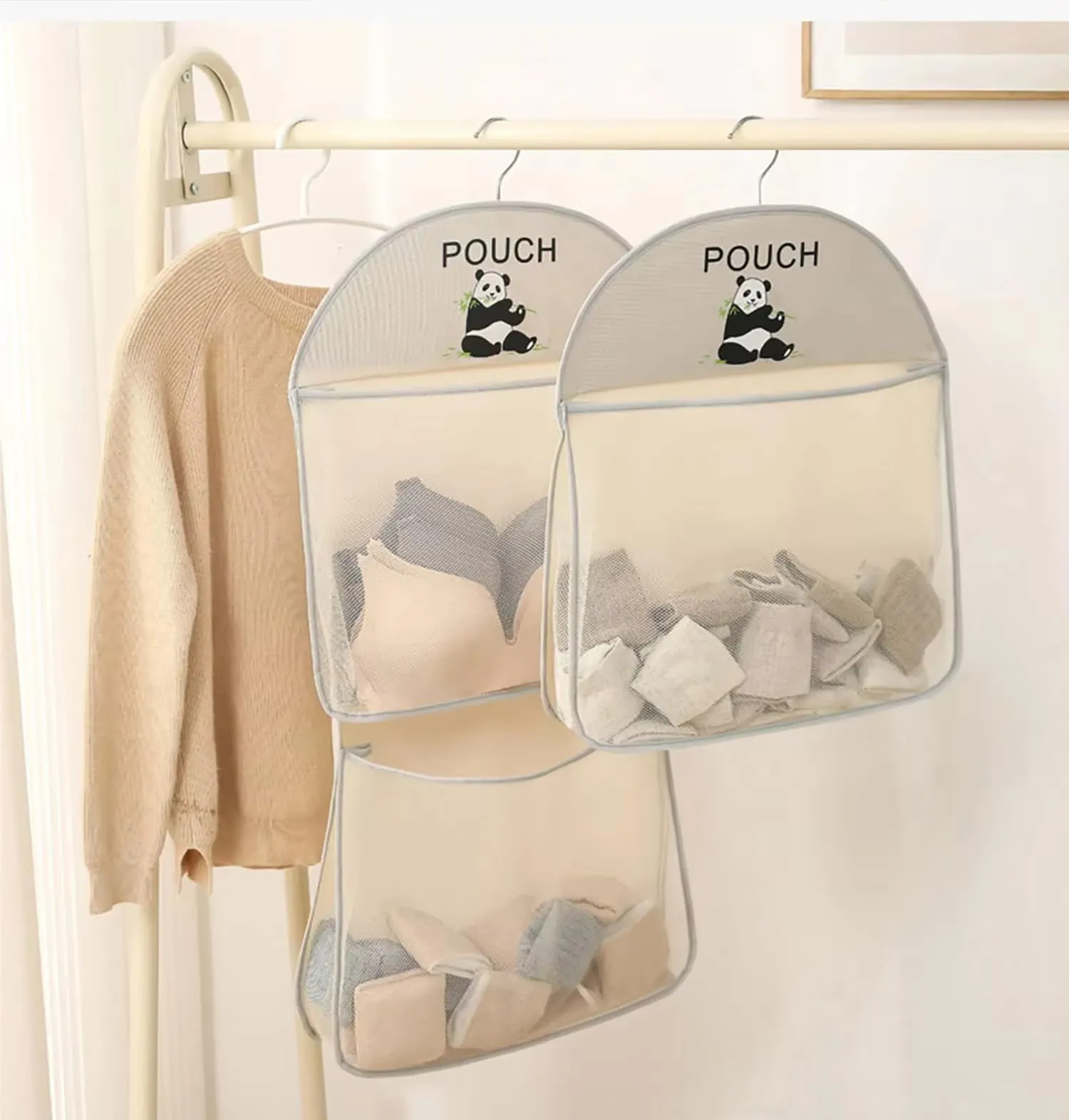 Closet Hanging Organizer with Mesh Large 3 Pockets & Rotating Metal Hanger(Beige)