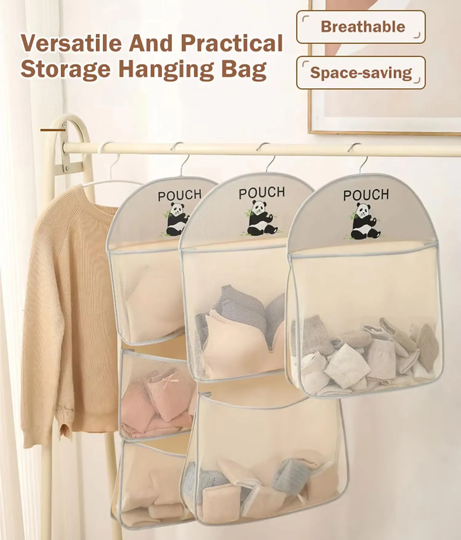 Closet Hanging Organizer with Mesh Large 3 Pockets & Rotating Metal Hanger(Beige)