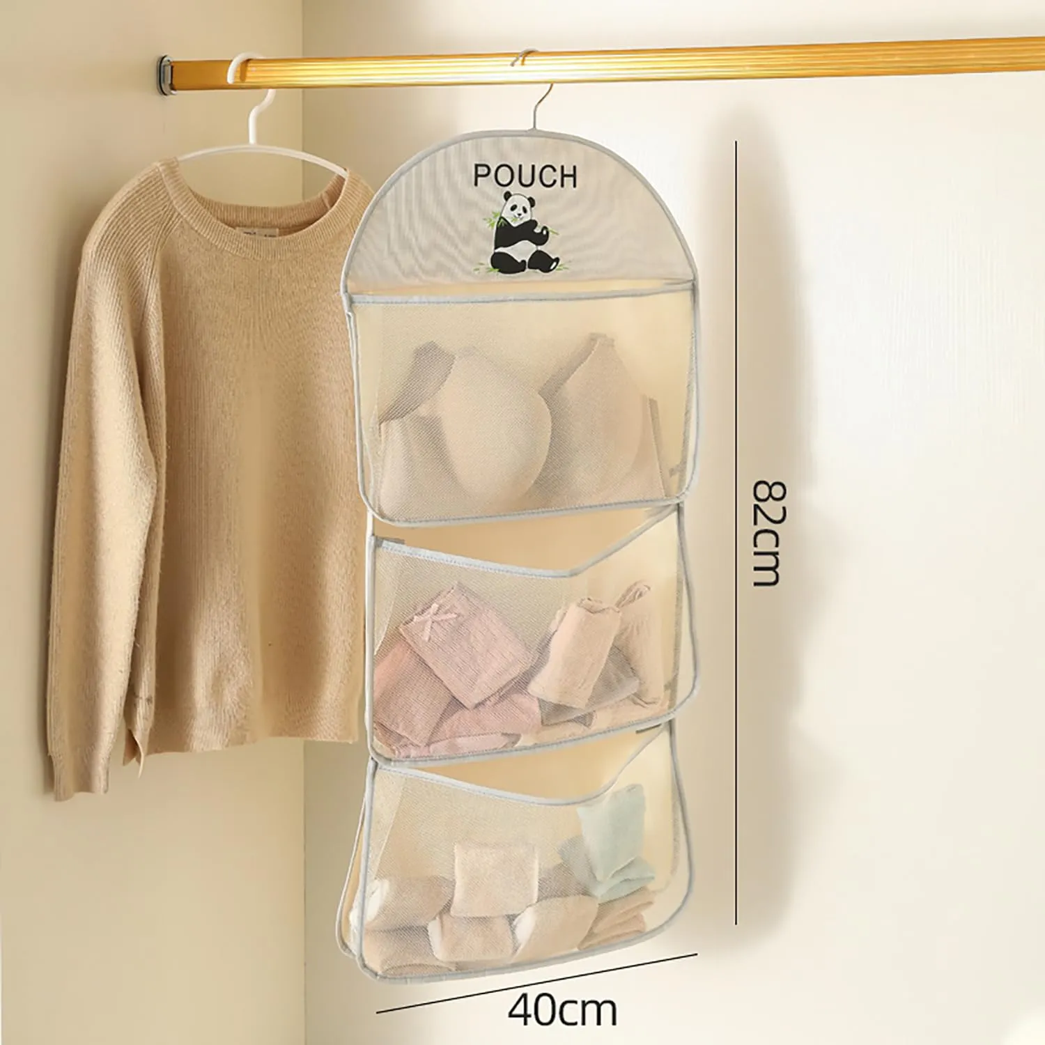 Closet Hanging Organizer with Mesh Large 3 Pockets & Rotating Metal Hanger(Beige)