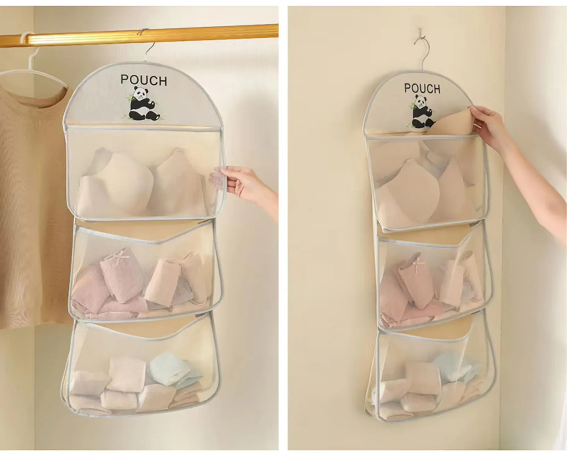 Closet Hanging Organizer with Mesh Large 3 Pockets & Rotating Metal Hanger(Beige)