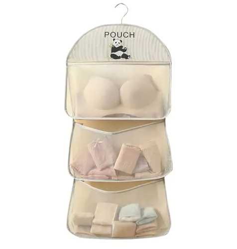 Closet Hanging Organizer with Mesh Large 3 Pockets & Rotating Metal Hanger(Beige)
