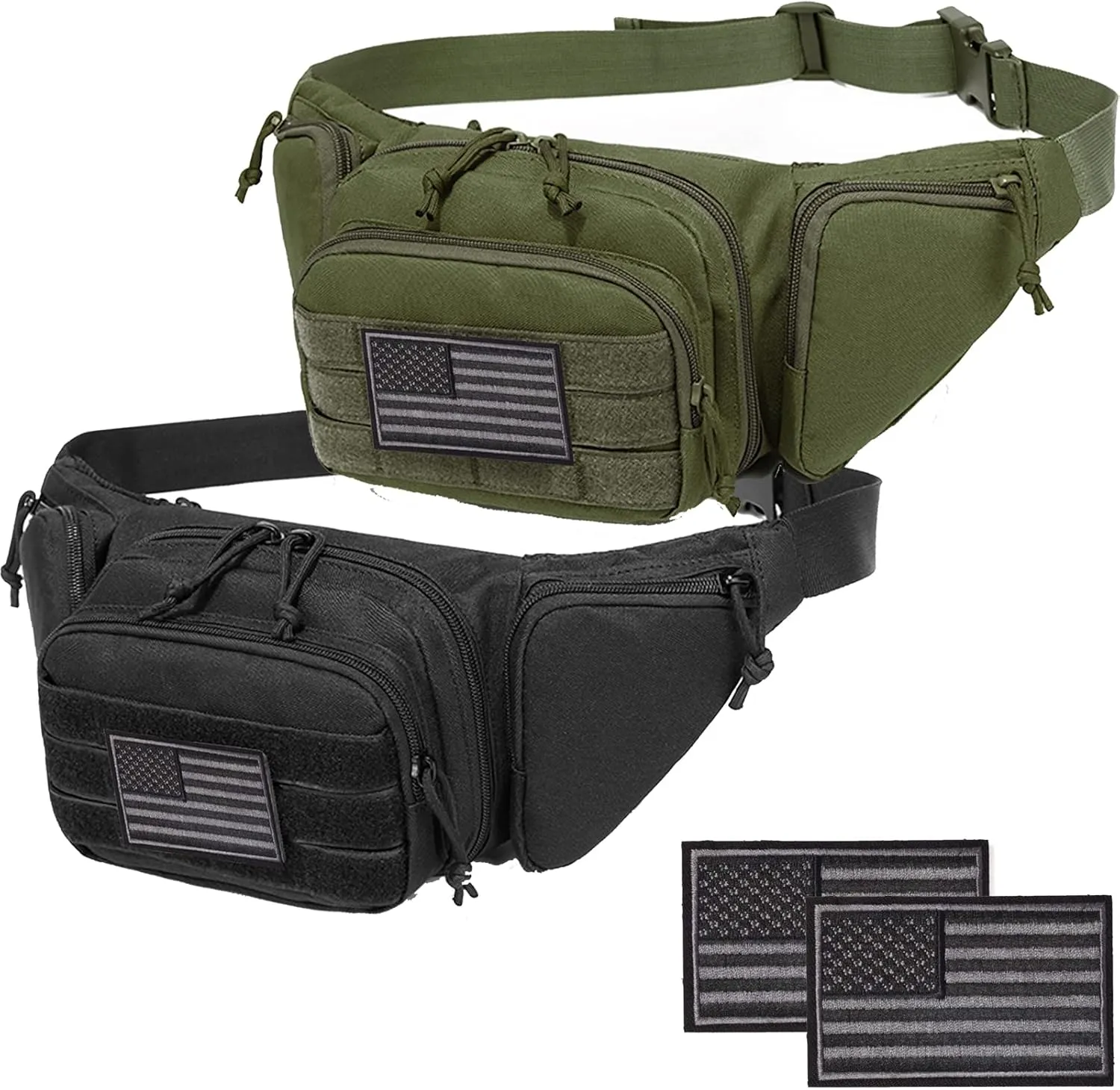 Concealed Pistol Fanny Pack Tactical Waist Bag Carry Gun Holster Fits Handgun, 1911 and More with U.S Patch (2 Pack Black Green)