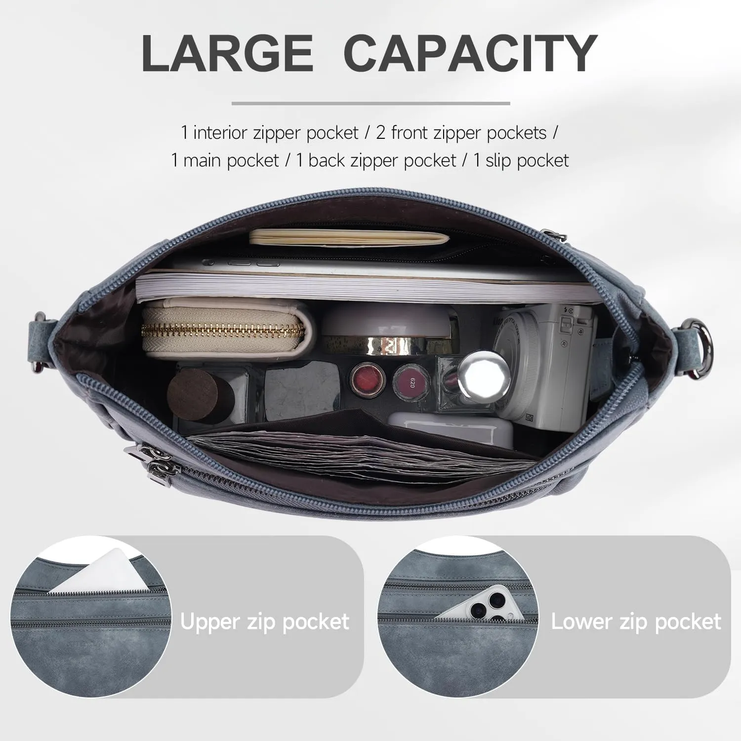 Crossbody Bags for Women Leather Purse Trendy Multi Pocket Shoulder Handbags with Adjustable Guitar Strap