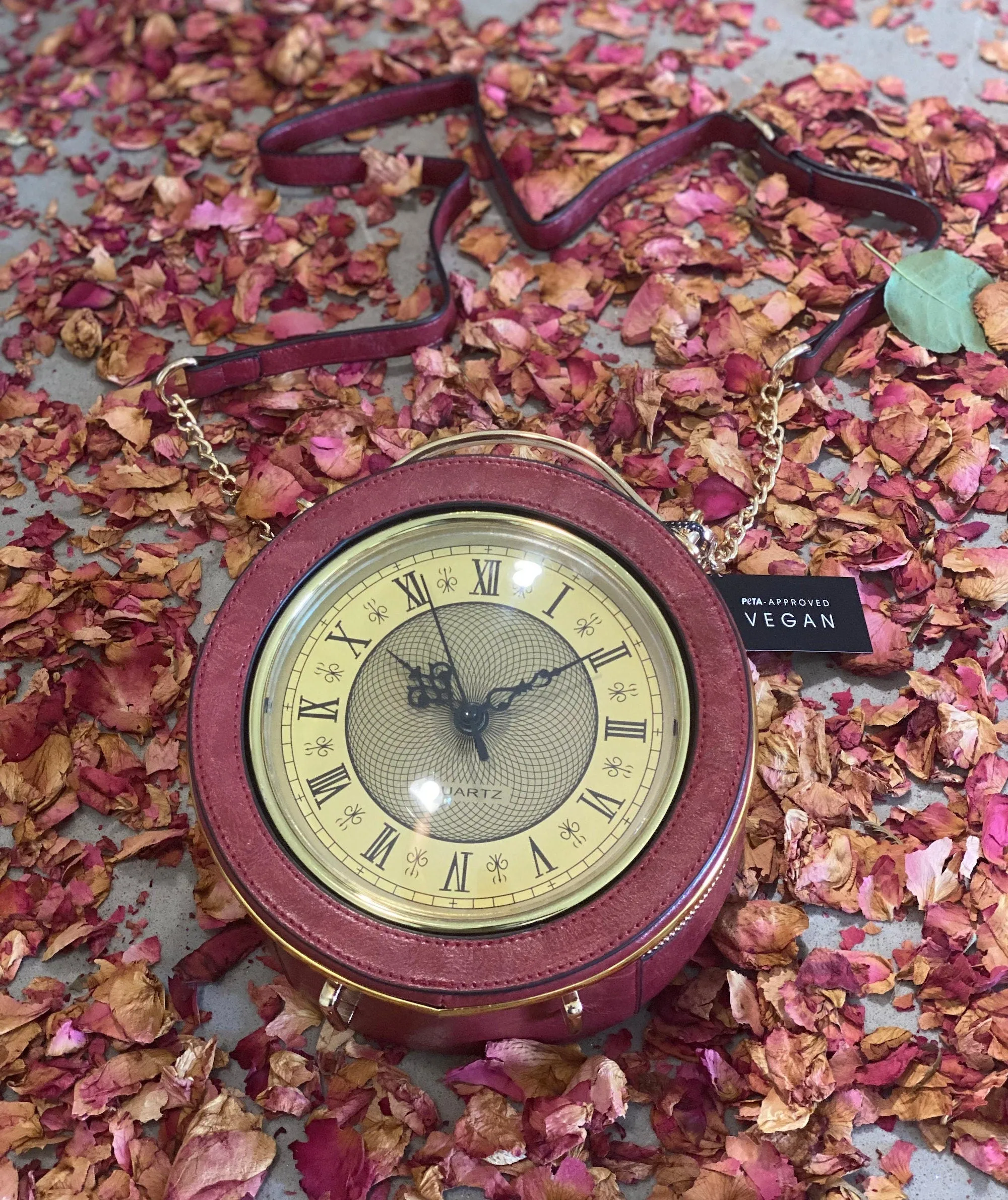 Custom Vegan Leather Handbags | Red Gold Vintage Clock Clutch