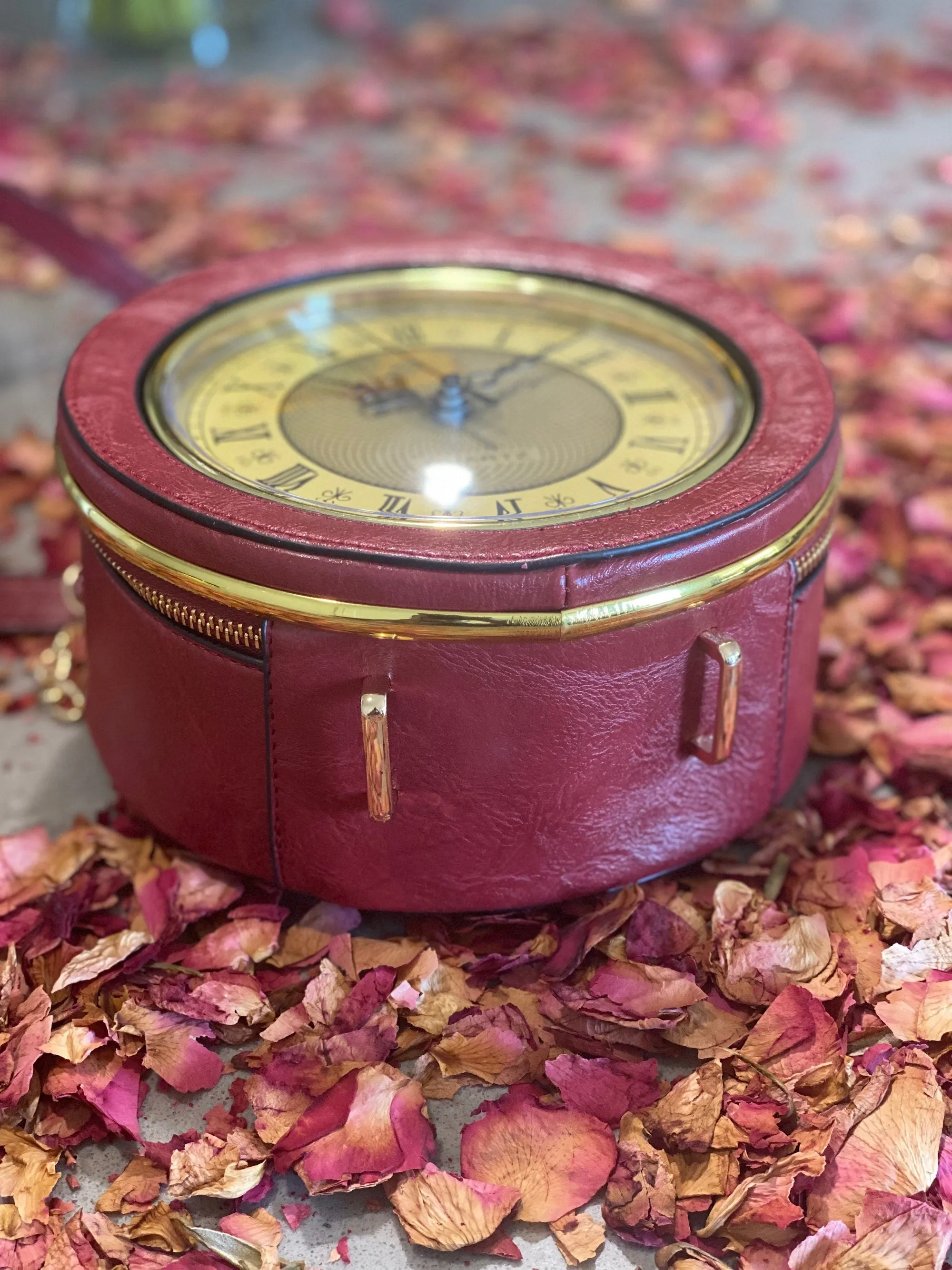Custom Vegan Leather Handbags | Red Gold Vintage Clock Clutch