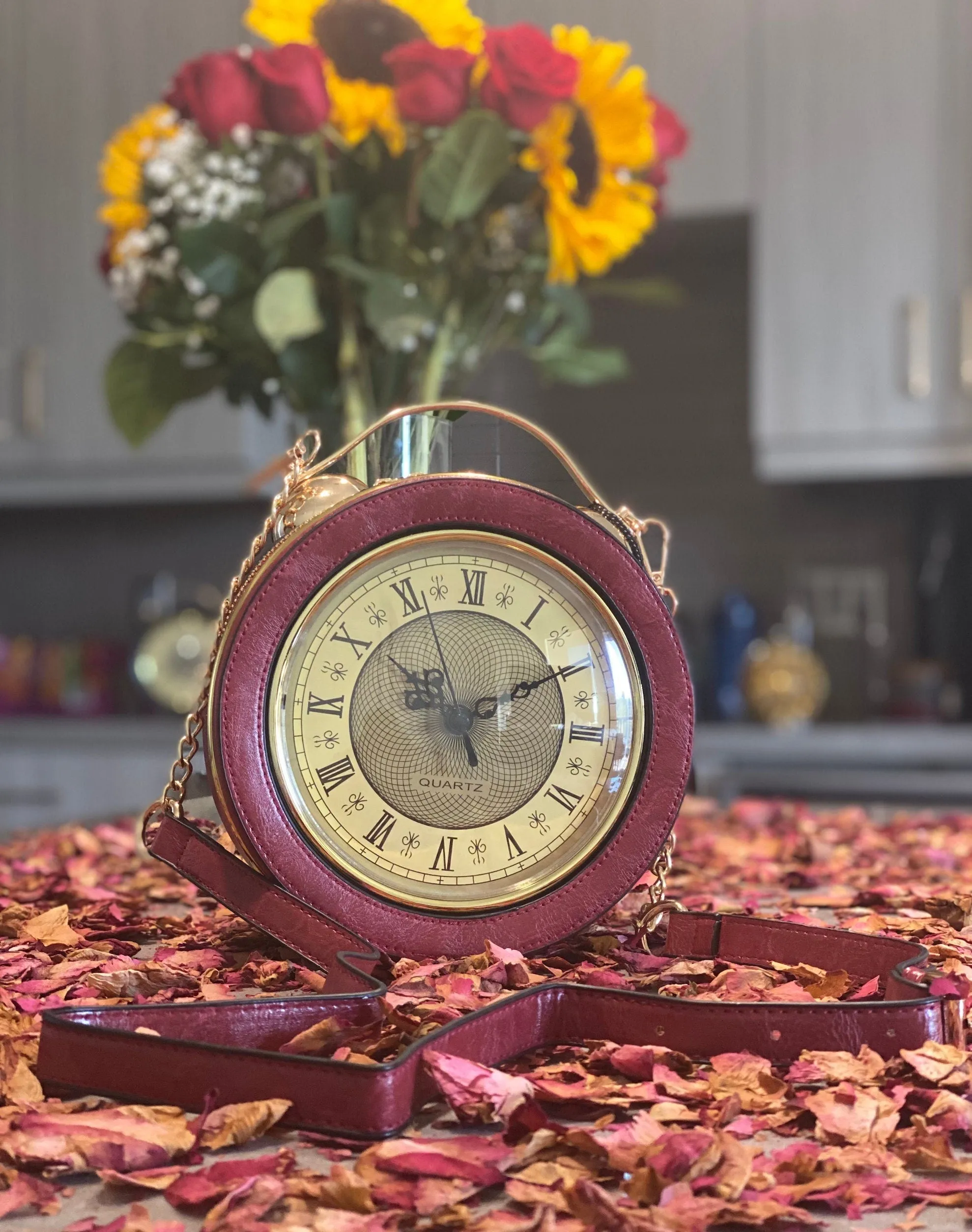 Custom Vegan Leather Handbags | Red Gold Vintage Clock Clutch