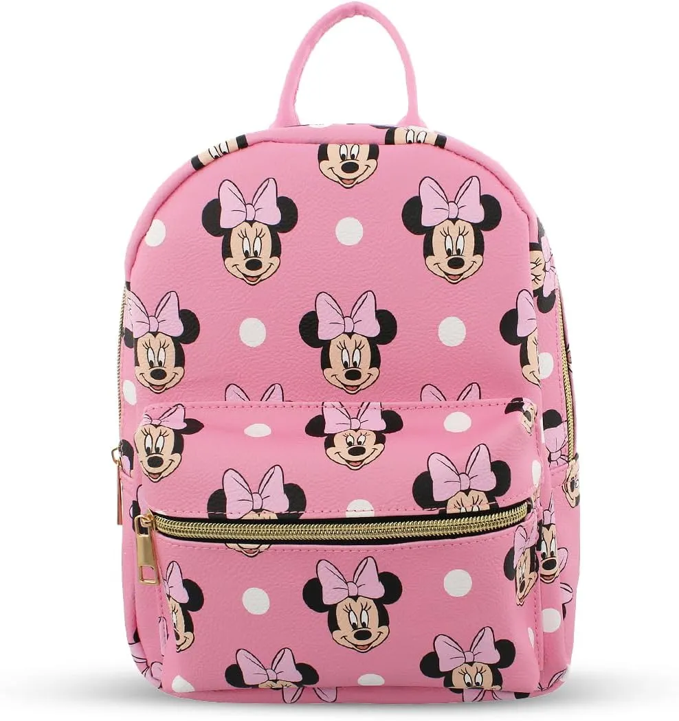 Disney Minnie Mouse with Dots Mini PU Leather Backpack Purse with Adjustable Straps 10 Inch (Pink, One Size)