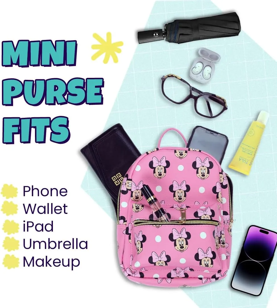 Disney Minnie Mouse with Dots Mini PU Leather Backpack Purse with Adjustable Straps 10 Inch (Pink, One Size)