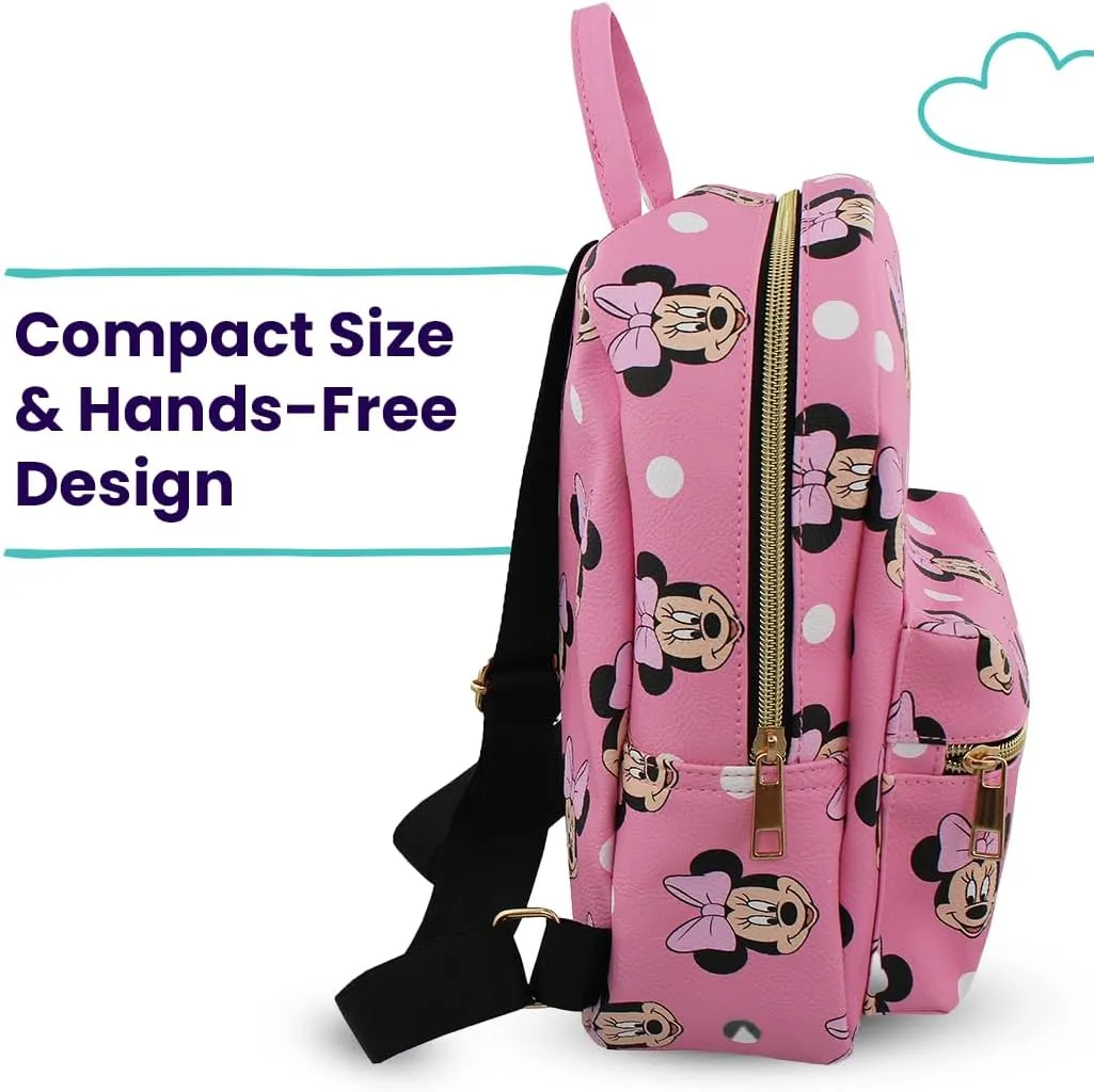 Disney Minnie Mouse with Dots Mini PU Leather Backpack Purse with Adjustable Straps 10 Inch (Pink, One Size)