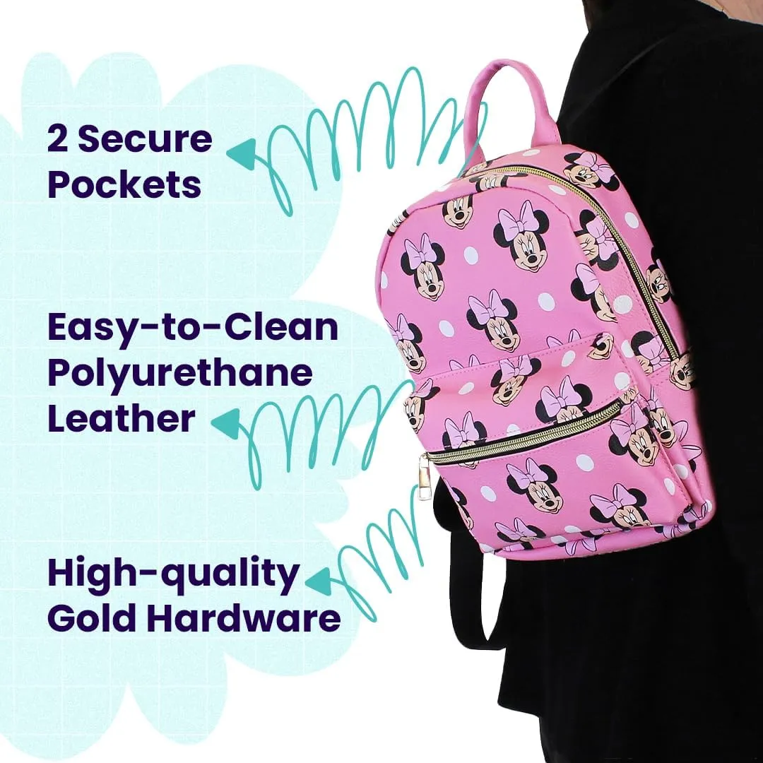 Disney Minnie Mouse with Dots Mini PU Leather Backpack Purse with Adjustable Straps 10 Inch (Pink, One Size)