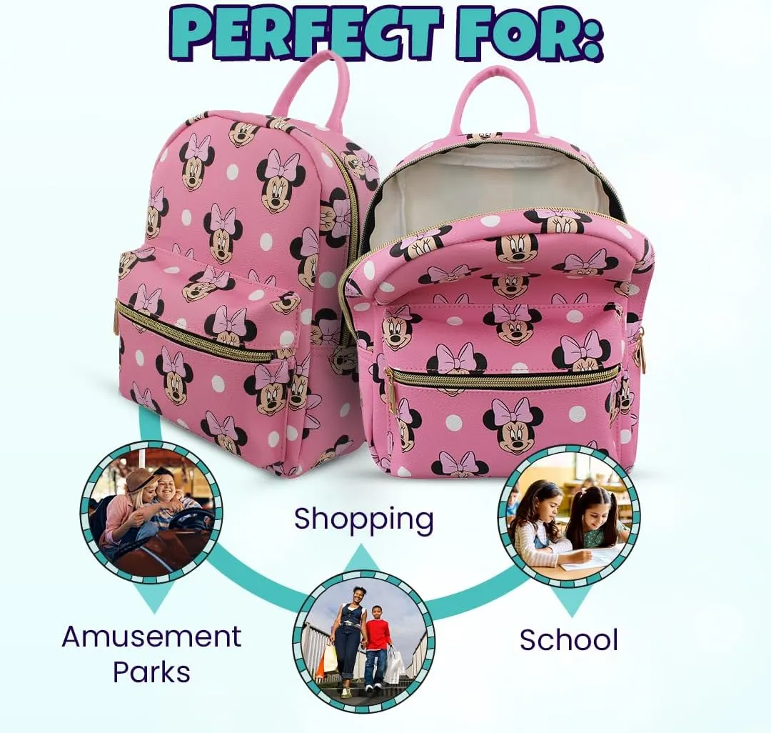 Disney Minnie Mouse with Dots Mini PU Leather Backpack Purse with Adjustable Straps 10 Inch (Pink, One Size)