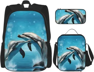 Dolphins in Love print 3-Piece Casual Backpack Set (Backpack   Waist Bag   Small Pouch), Unisex Daypack