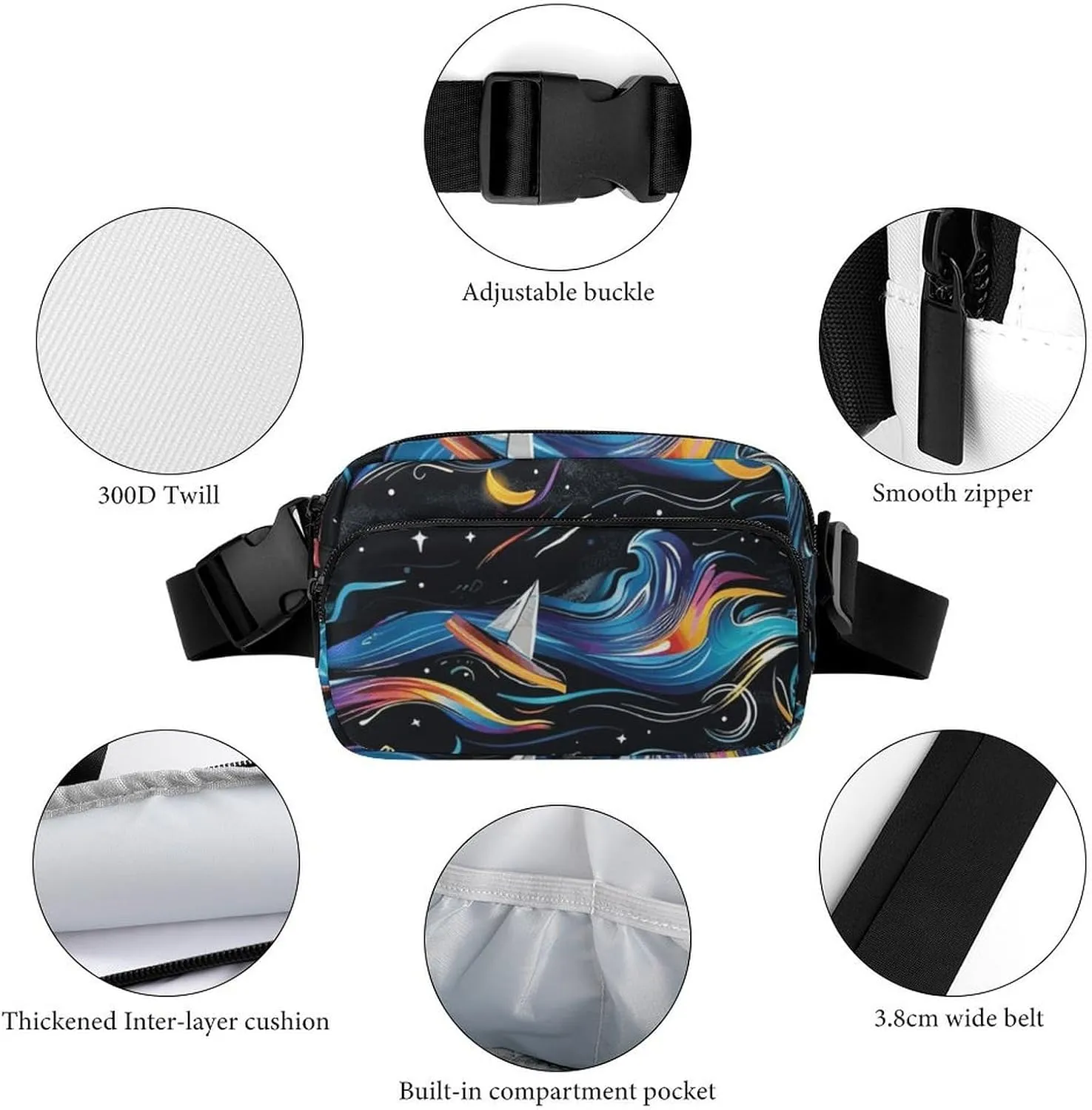 Fanny Pack for Women Men Summer Night Surf Belt Bag Colorful Waves Waist Pack Bum Bag for Running Cycling Hiking Travel Workout with Adjustable Strap