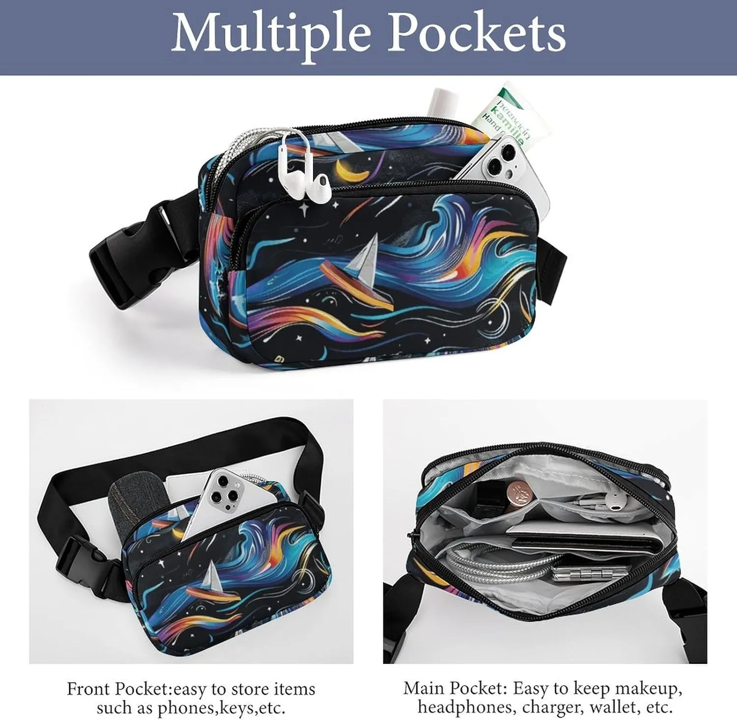 Fanny Pack for Women Men Summer Night Surf Belt Bag Colorful Waves Waist Pack Bum Bag for Running Cycling Hiking Travel Workout with Adjustable Strap