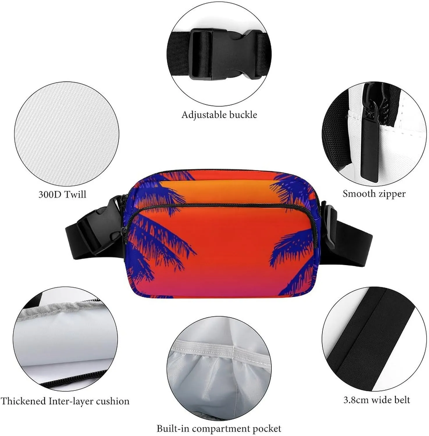 Fanny Pack for Women Men Tropical Palm Trees Belt Bag Sunrise Waist Pack Bum Bag for Running Cycling Hiking Travel Workout with Adjustable Strap