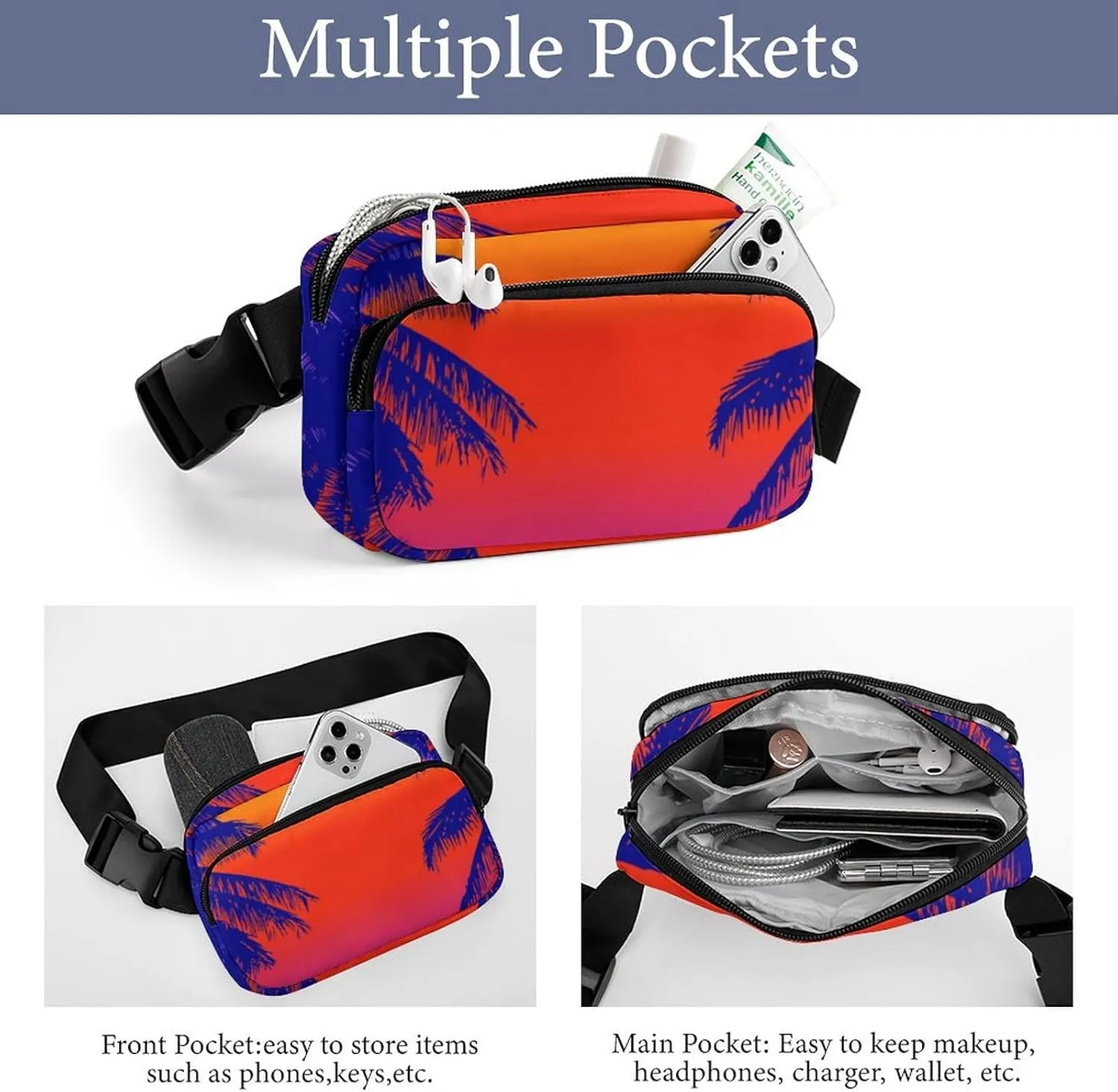 Fanny Pack for Women Men Tropical Palm Trees Belt Bag Sunrise Waist Pack Bum Bag for Running Cycling Hiking Travel Workout with Adjustable Strap