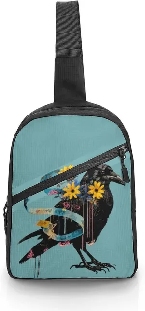 Floral Black Raven Blue Ribbon Foldable Crossbody Sling Bags Shoulder Backpack Chest DayPack Handbag