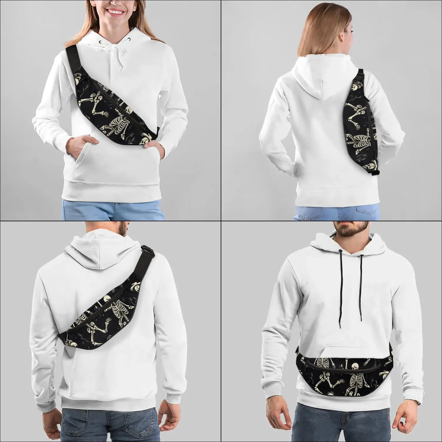 Funny Skull Skeleton Crossbody Fanny Pack Waist Bag with Adjustable Strap Hip Pack for Sports Festival Workout Traveling Running Casual