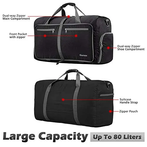 Gonex 80L Packable Travel Duffle Bag, Large Lightweight Luggage Duffel (Black)