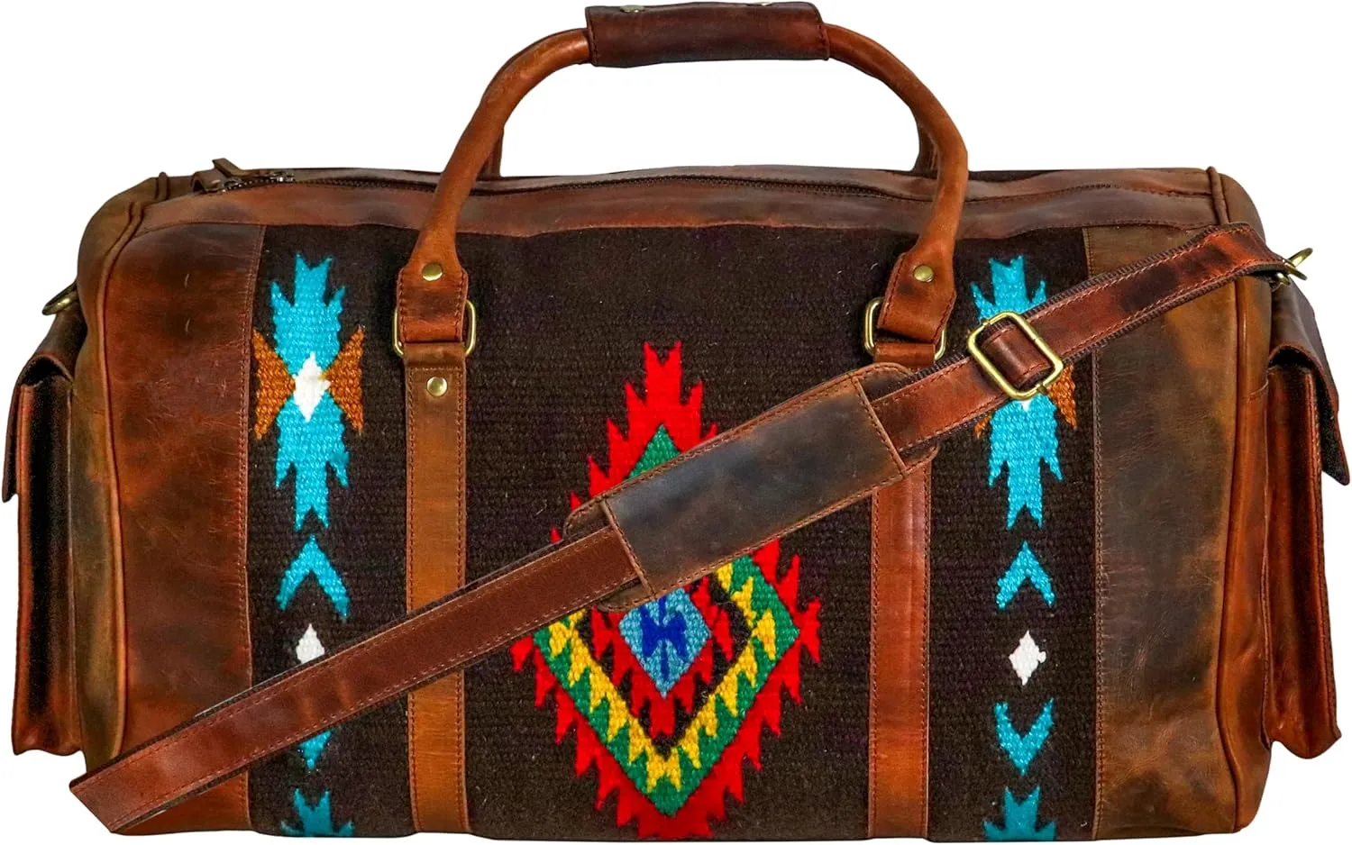 Handmade Duffle Bag leather heavy duty Gym Sports Airplane Overnight Luggage Carry On Unisex Travel Hand Rug Wollen Gift for His/Her (Excluding Shoe Compartment, Rug Duffle Bag ESC_01)
