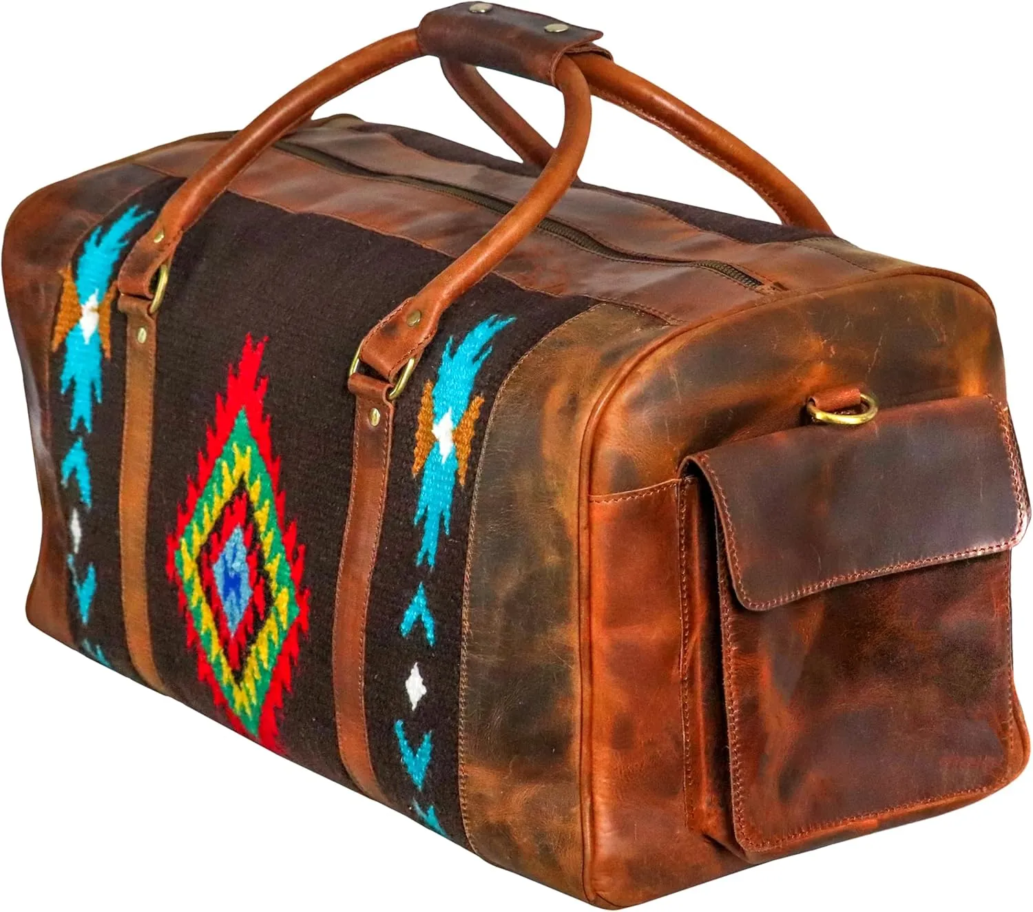 Handmade Duffle Bag leather heavy duty Gym Sports Airplane Overnight Luggage Carry On Unisex Travel Hand Rug Wollen Gift for His/Her (Excluding Shoe Compartment, Rug Duffle Bag ESC_01)