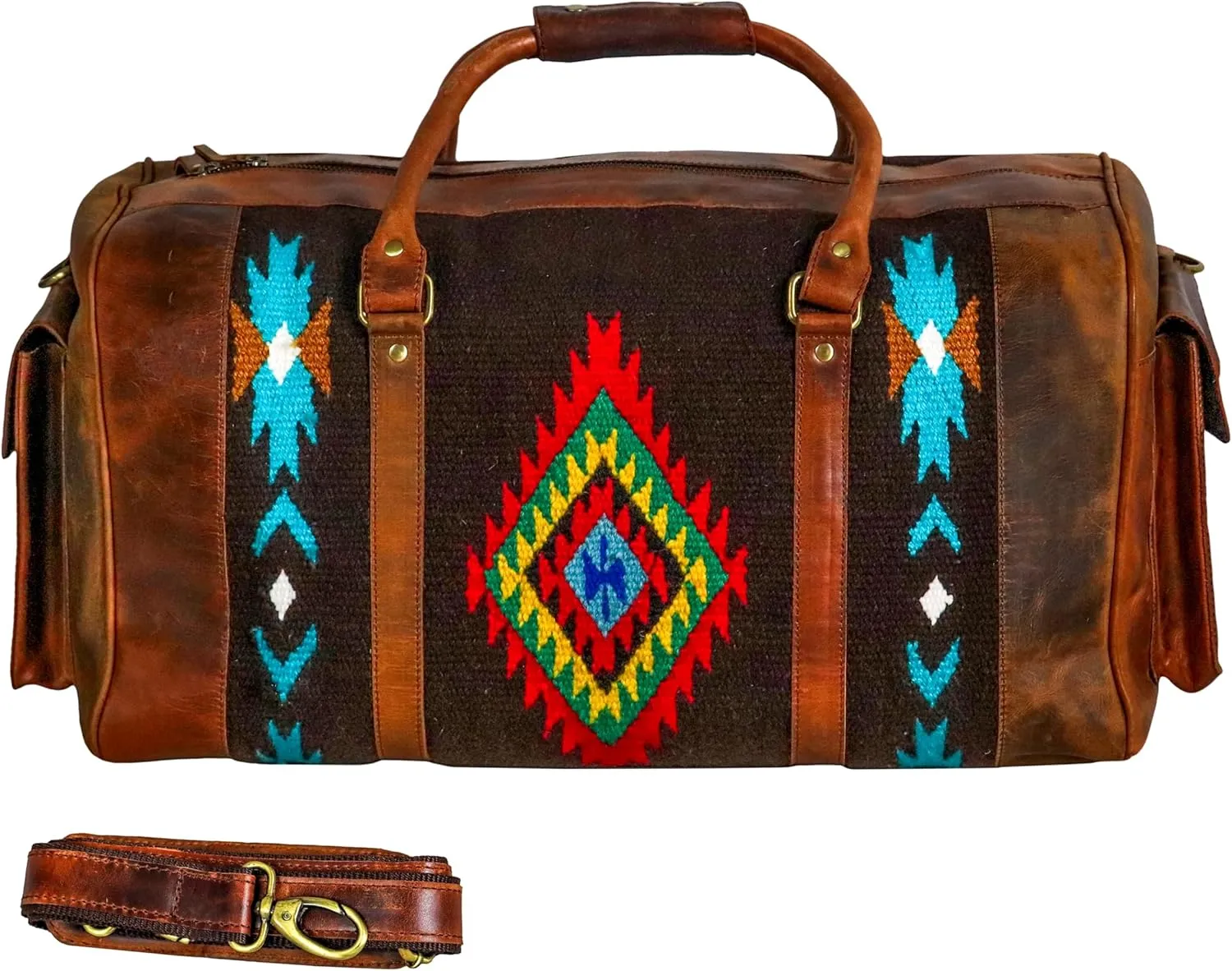 Handmade Duffle Bag leather heavy duty Gym Sports Airplane Overnight Luggage Carry On Unisex Travel Hand Rug Wollen Gift for His/Her (Excluding Shoe Compartment, Rug Duffle Bag ESC_01)