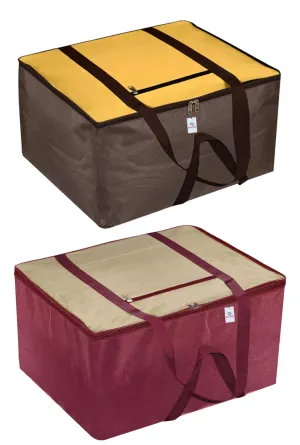 Heart Home Small Size Lightweight Foldable Rexine Jumbo Underbed Storage Bag With Zipper And Handle (Yellow & Brown)-Pack of 2