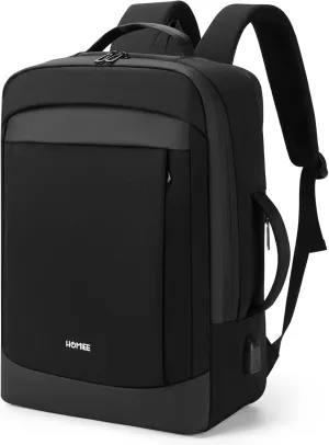 HOMIEE 30L Travel Laptop Backpack for Men Women, 15.6 Inch Expandable Backpack with USB Charging Port, Water Resistant Business Work College Bag, Black
