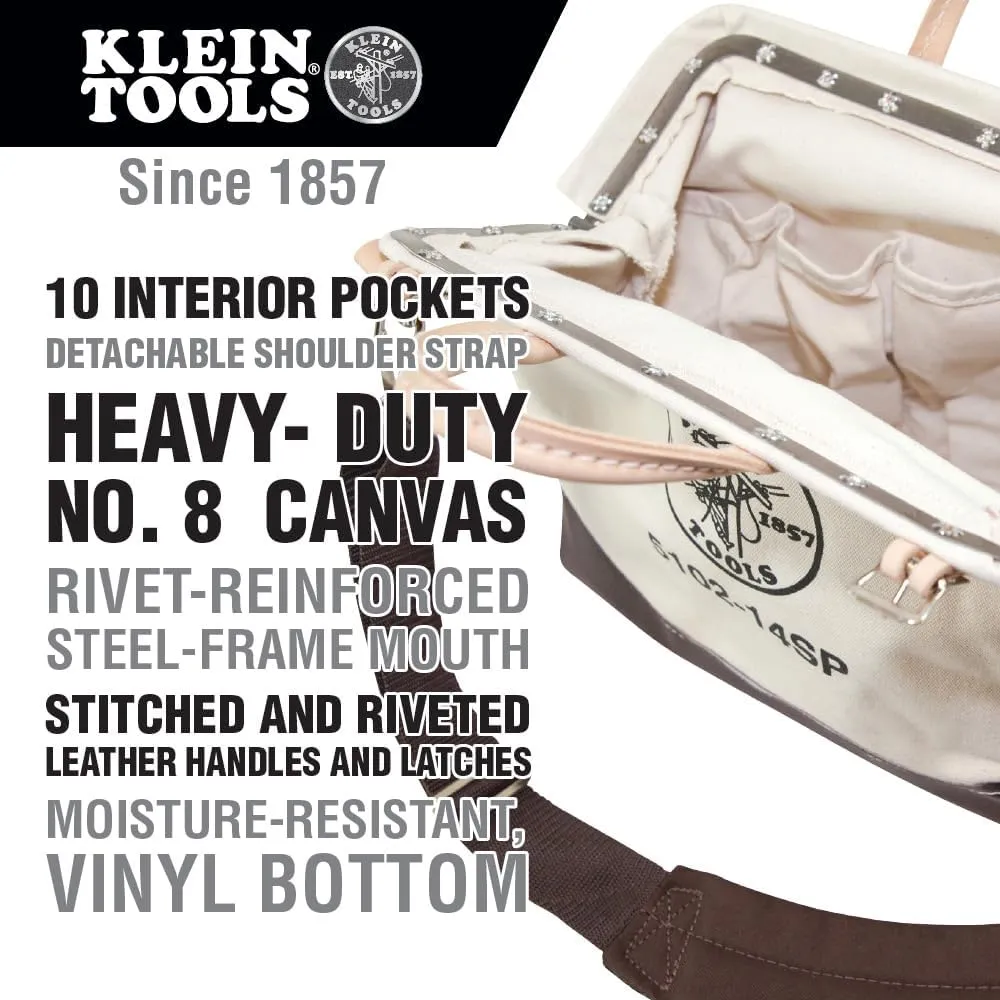 Klein Tools 5102-14SP Tool Bag with Detachable Shoulder Strap 14-Inch, 10 Inside Pockets for Hand Tool Organization