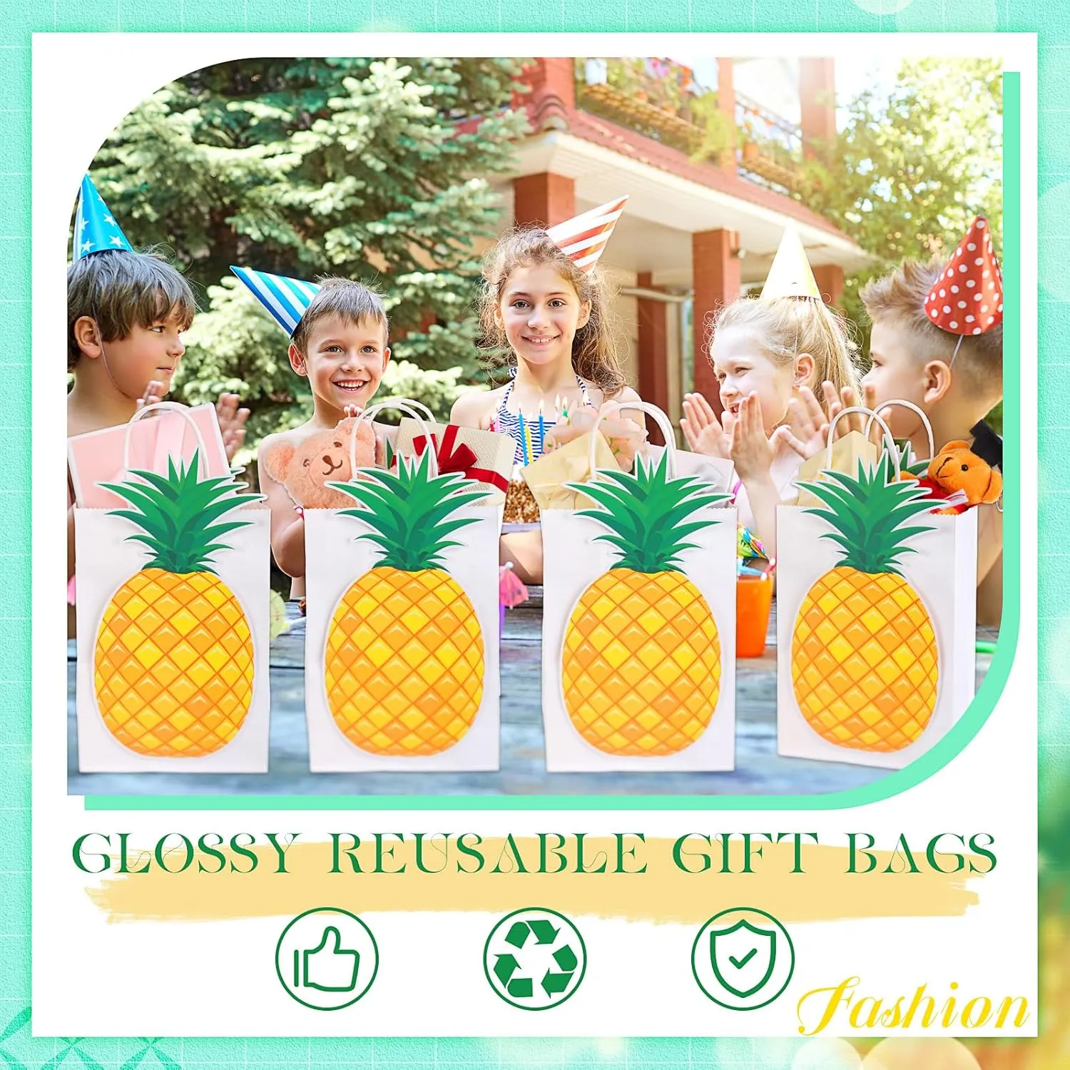 Kolldenn 24 Pack Pineapple Party Favor Bags with 48 Pcs Paper Cards and Handles for Luau Hawaii Party, Gift Goody Treat Candy Bags for Tropical Themed Unisex Summer Supplies